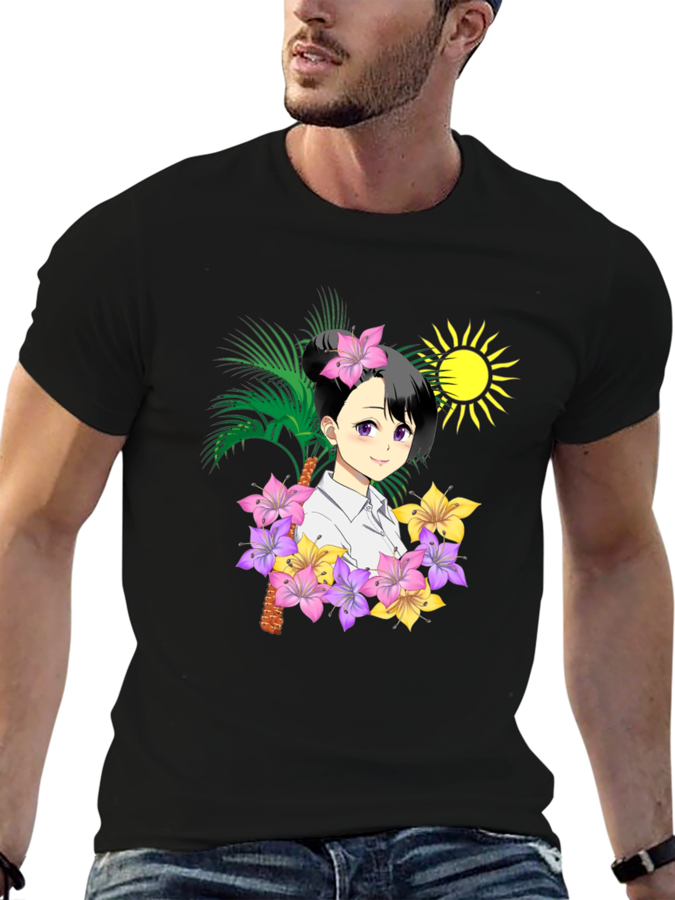Anime Girl Hawaiian Shirt Black T-Shirt