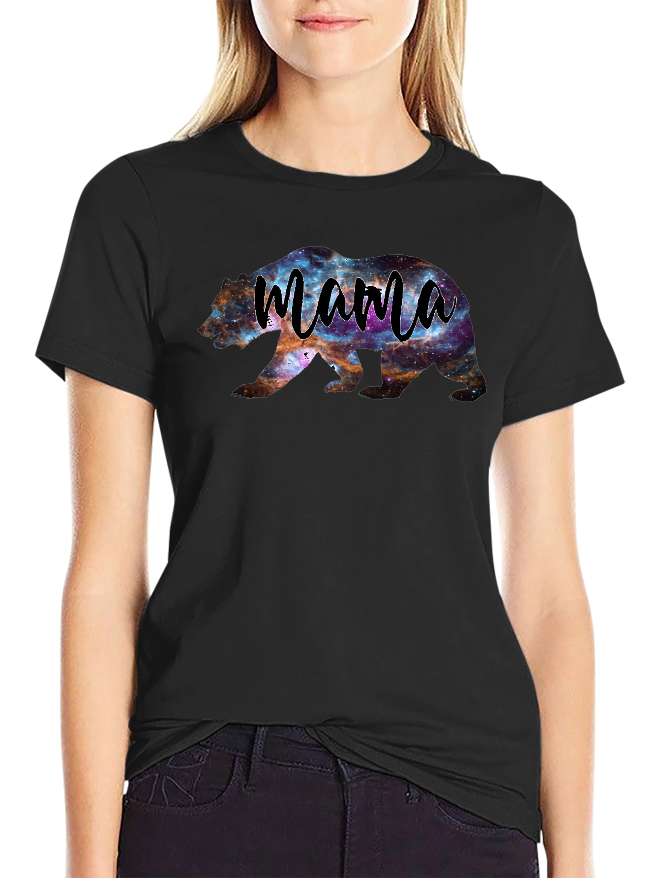 Mama Bear Galaxy Print Black T-Shirt