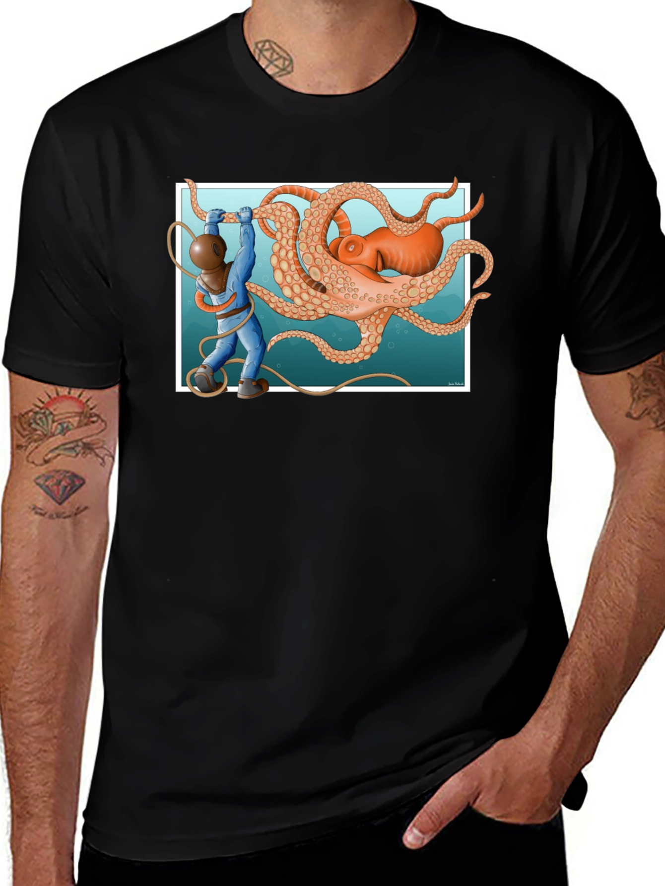 Diver vs. Octopus Graphic T-Shirt - Black