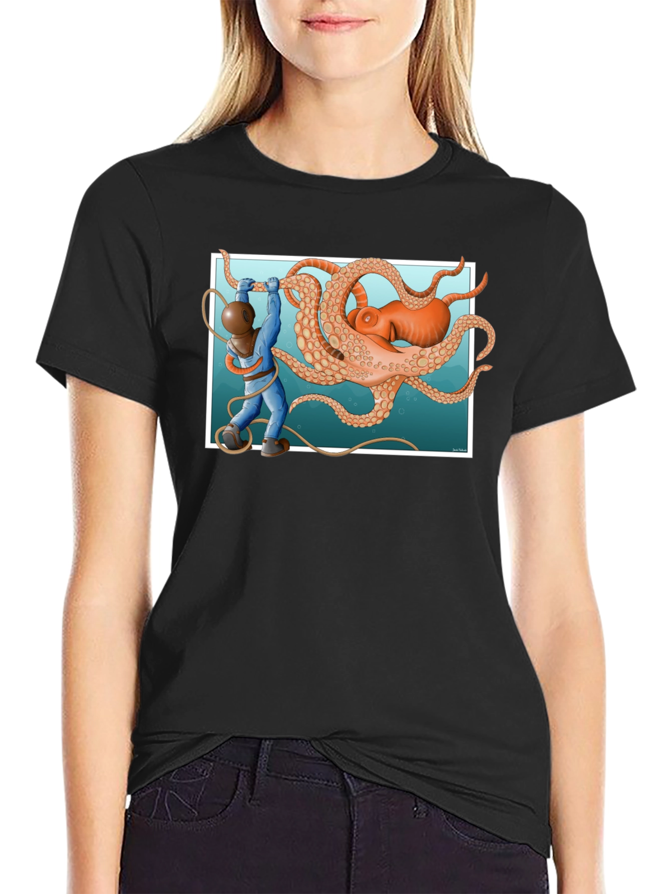 Diver vs. Octopus Graphic T-Shirt - Black