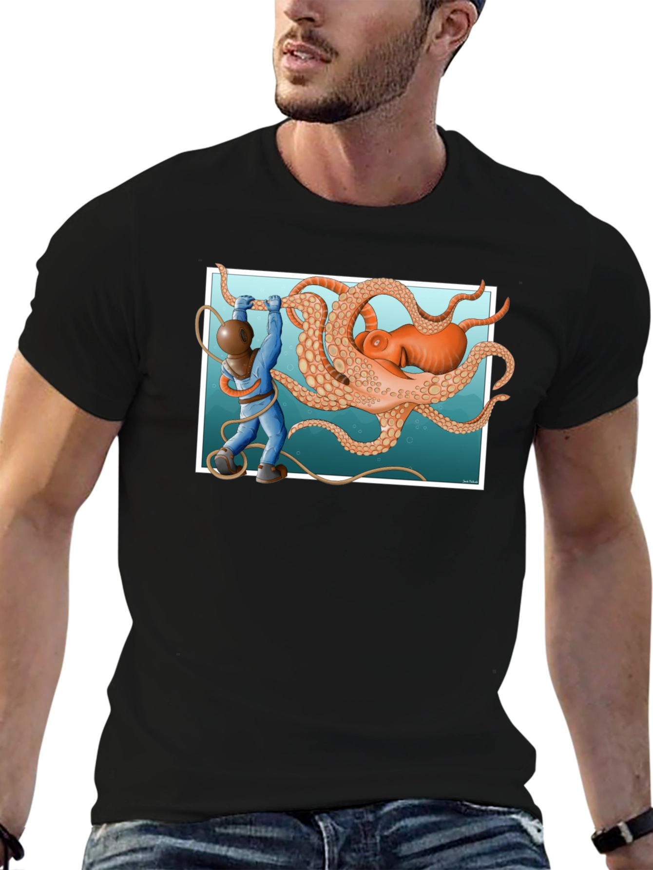 Diver vs. Octopus Graphic T-Shirt - Black