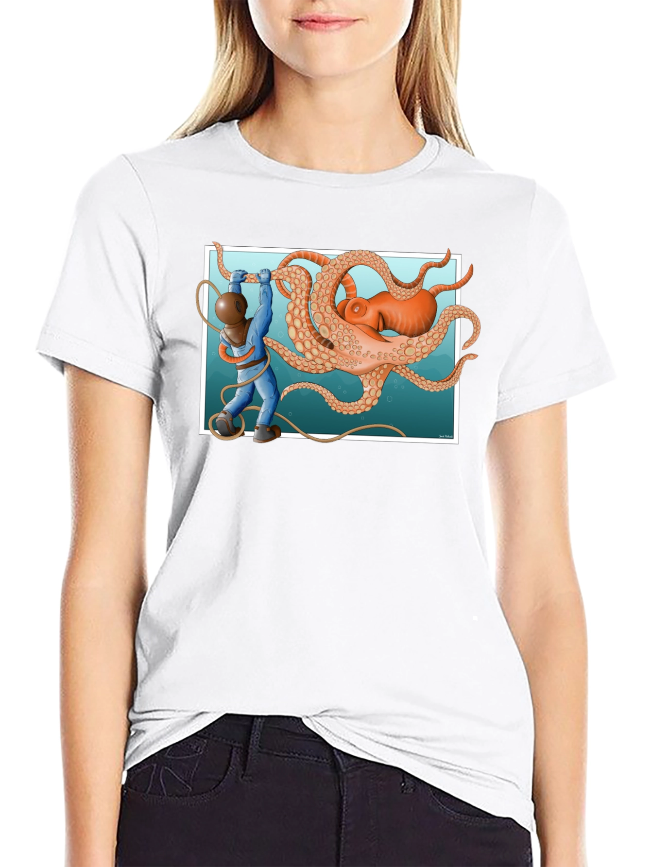 Diver vs. Octopus Graphic T-Shirt - Black