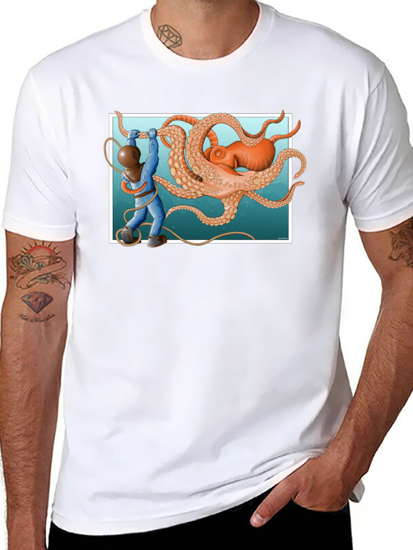 Diver vs. Octopus Graphic T-Shirt - Black