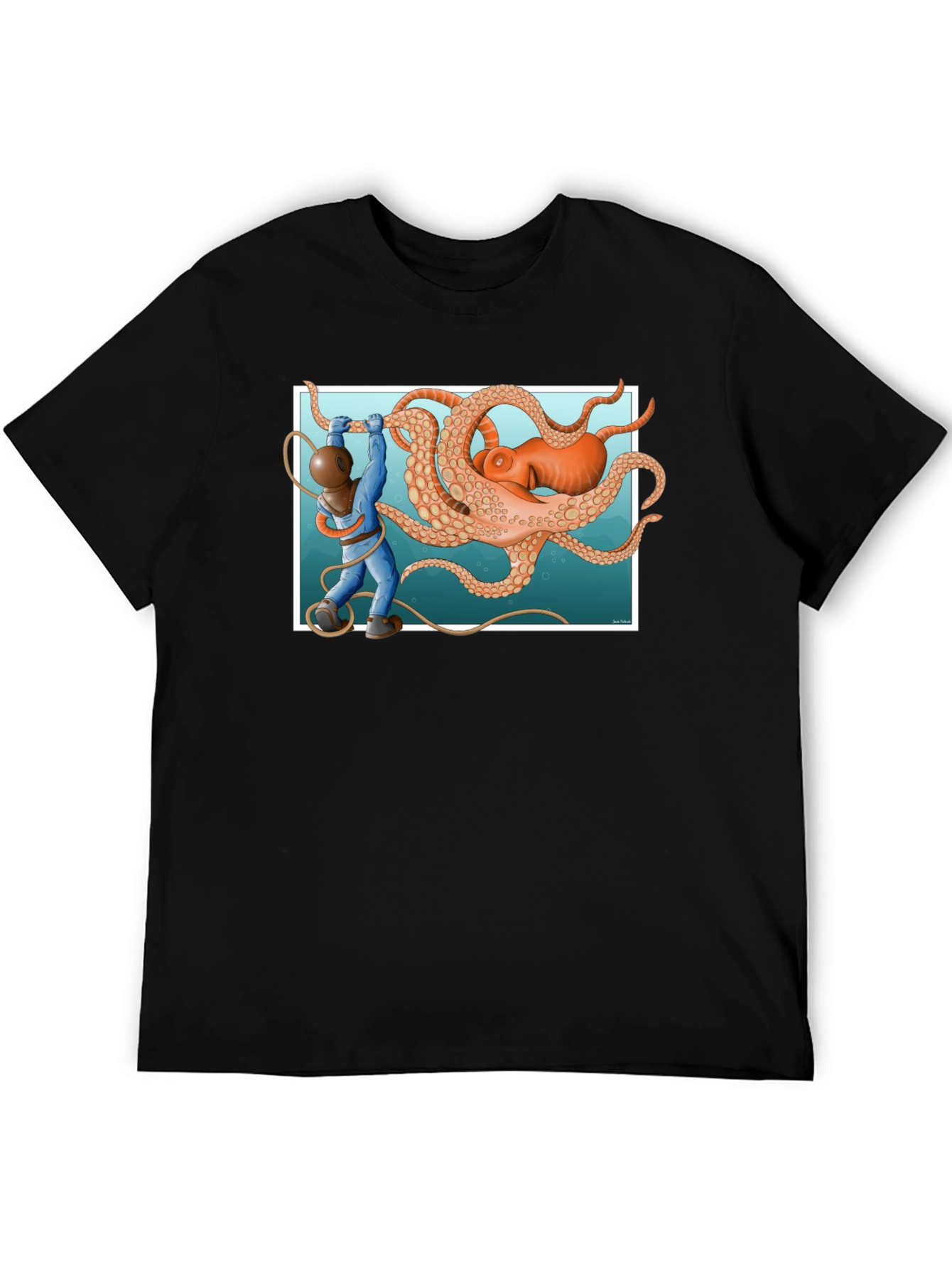 Diver vs. Octopus Graphic T-Shirt - Black