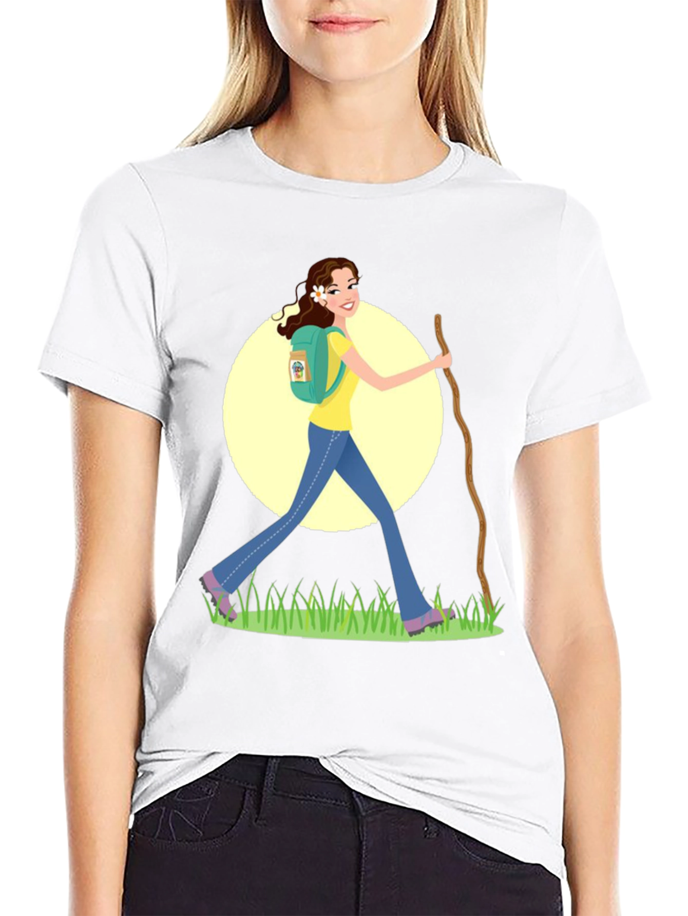 Hiking Woman Graphic Tee - Black Cotton Blend