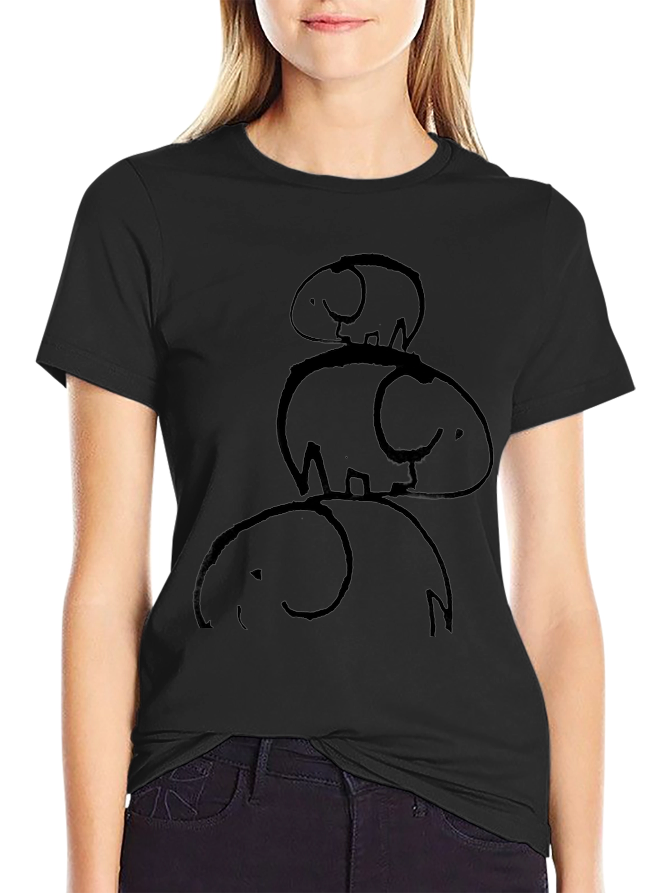 Stacked Elephants Graphic Tee - Black Cotton Casual Shirt