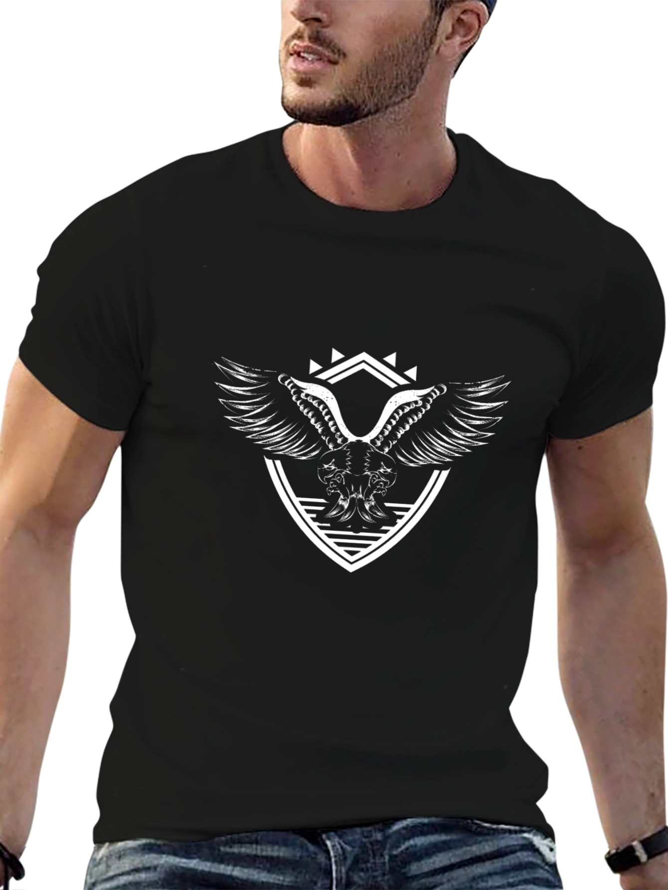 Black T-Shirt with Winged Crest Graphic