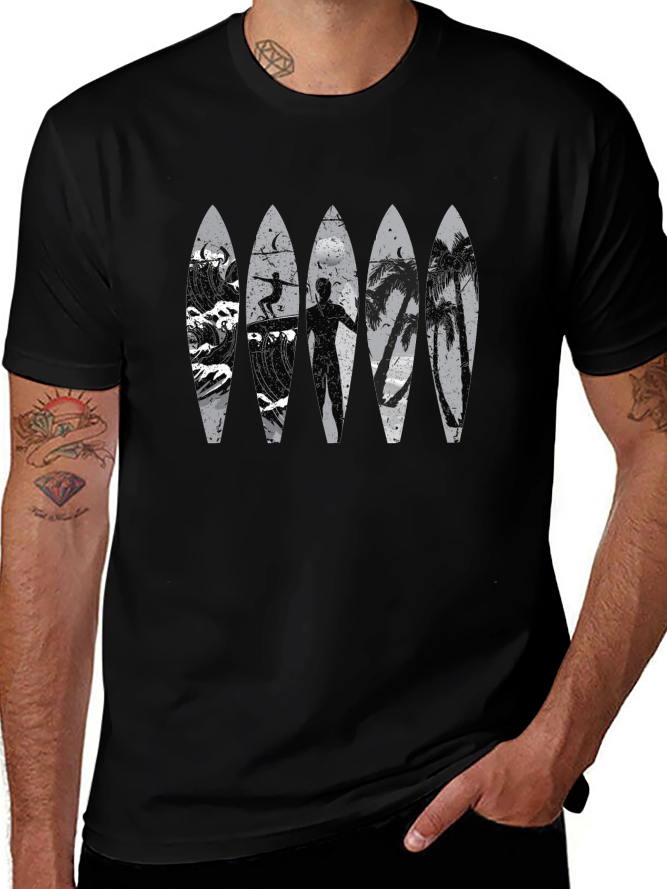 Surfboard Beach Scene Graphic Tee