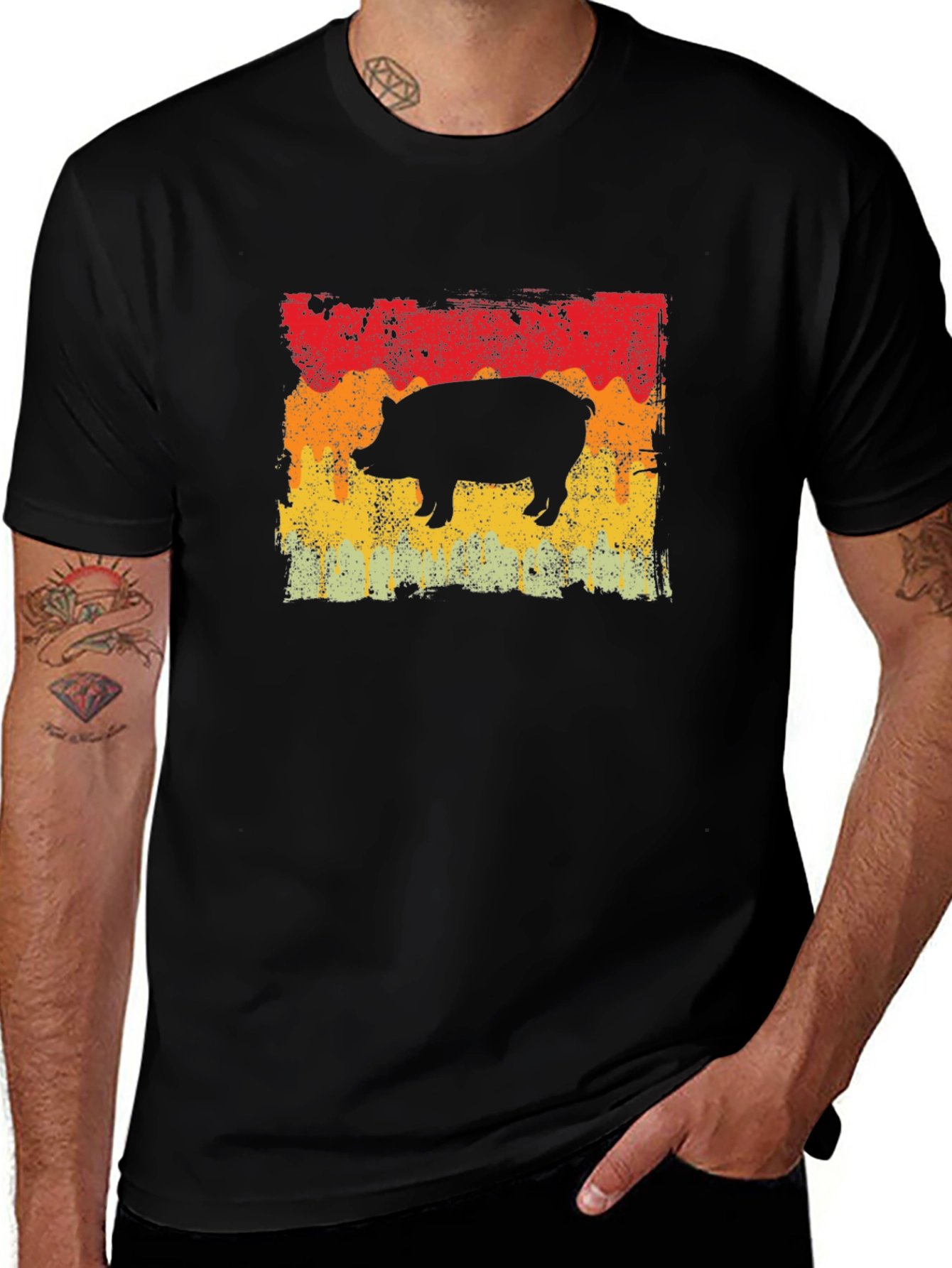 Retro Pig Graphic Tee - Black Cotton T-Shirt