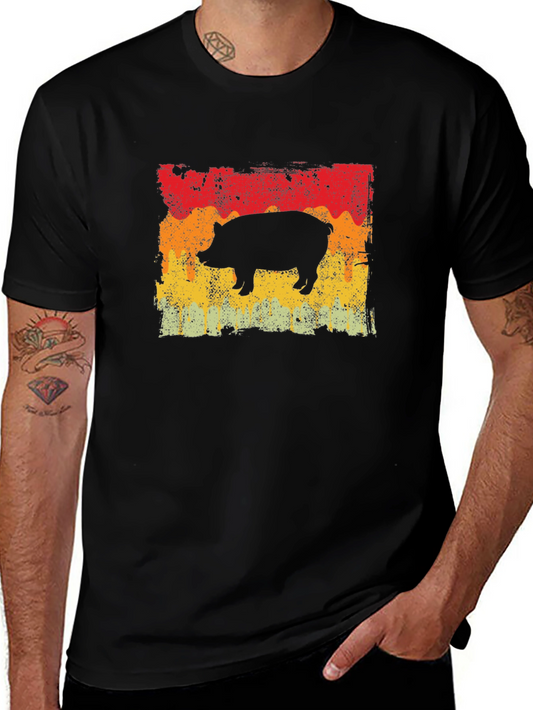 Retro Pig Graphic Tee - Black Cotton T-Shirt