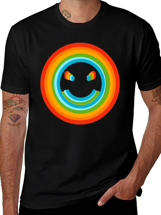 Retro Rainbow Smiley Face Graphic Tee - Black Cotton T-Shirt