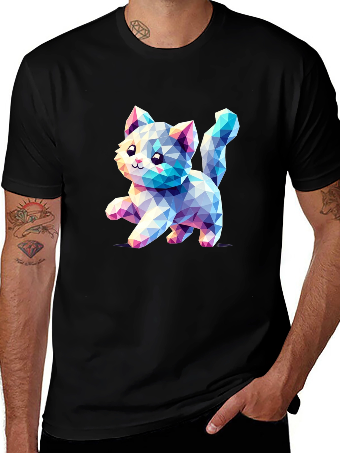 Geometric Kitten Black T-Shirt