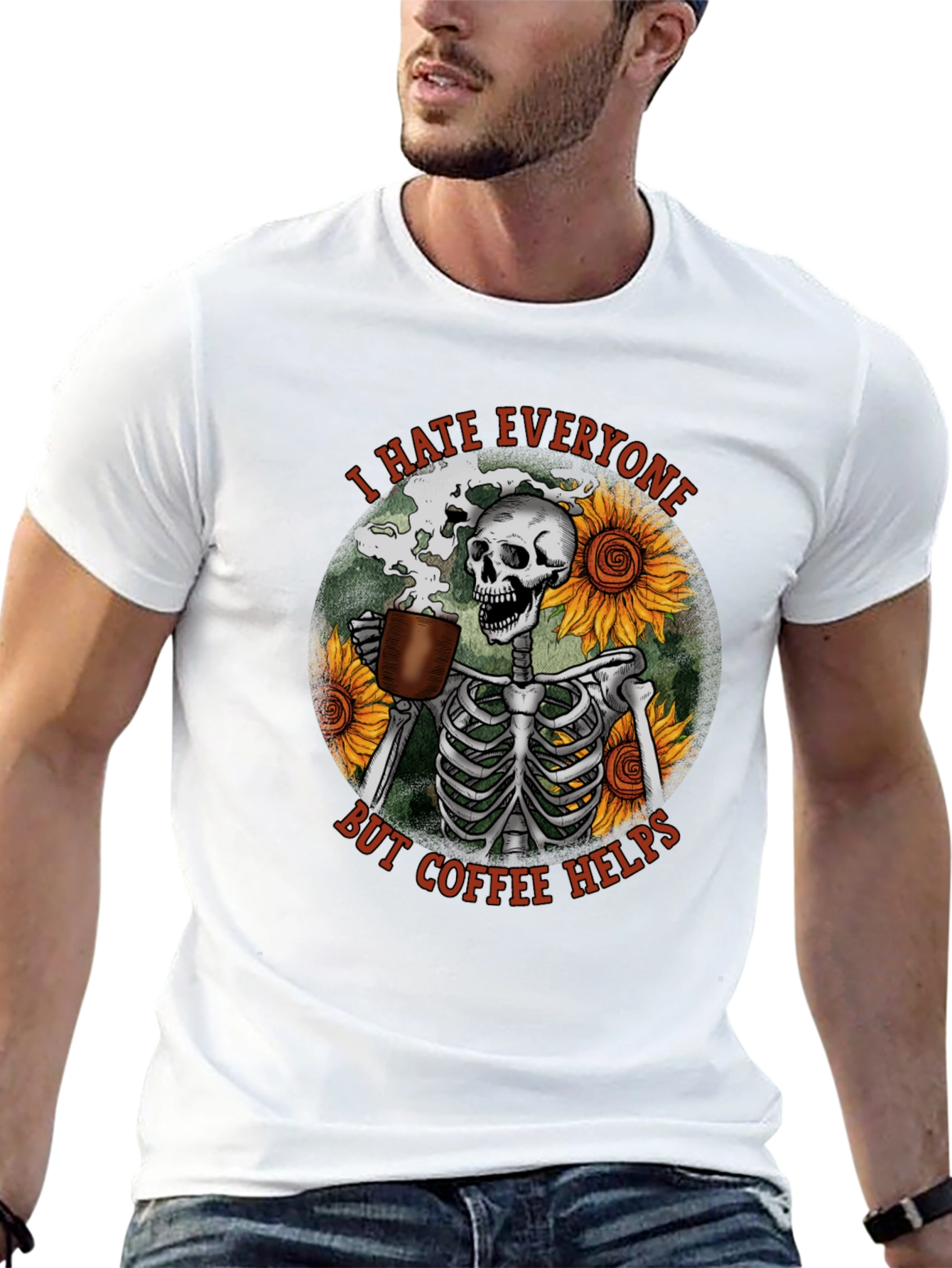 I Hate Everyone But Coffee Helps Skeleton T-Shirt