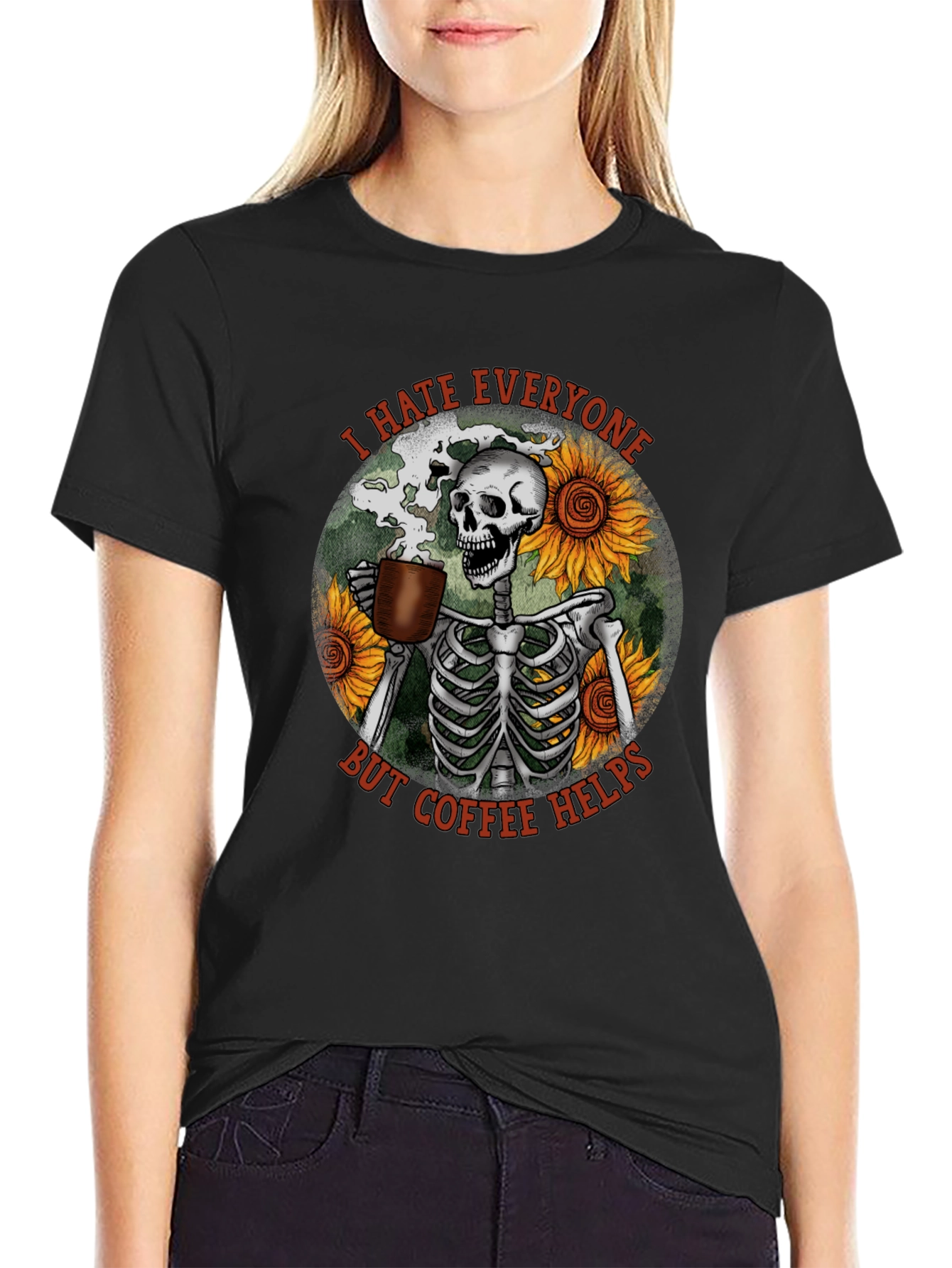 I Hate Everyone But Coffee Helps Skeleton T-Shirt