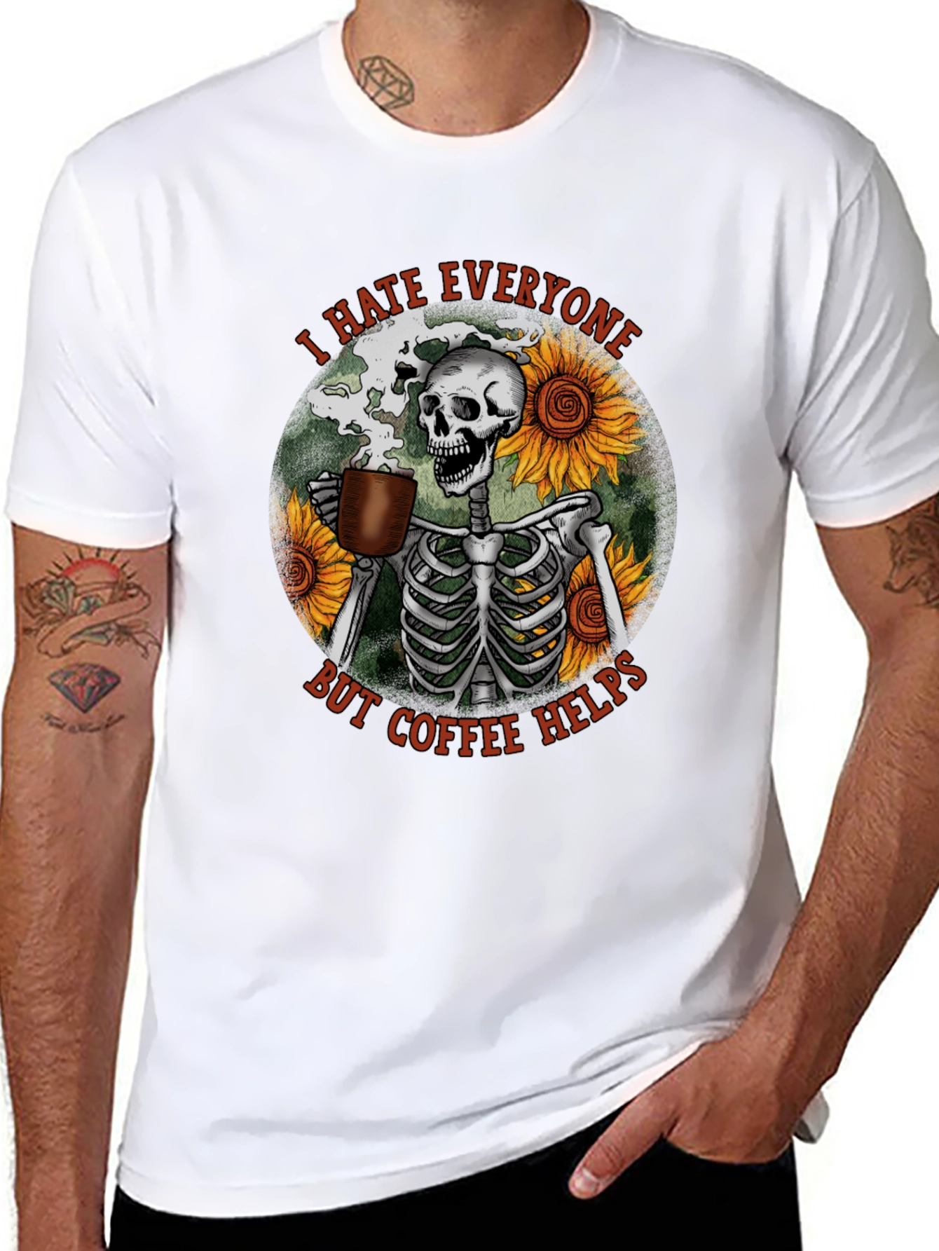 I Hate Everyone But Coffee Helps Skeleton T-Shirt