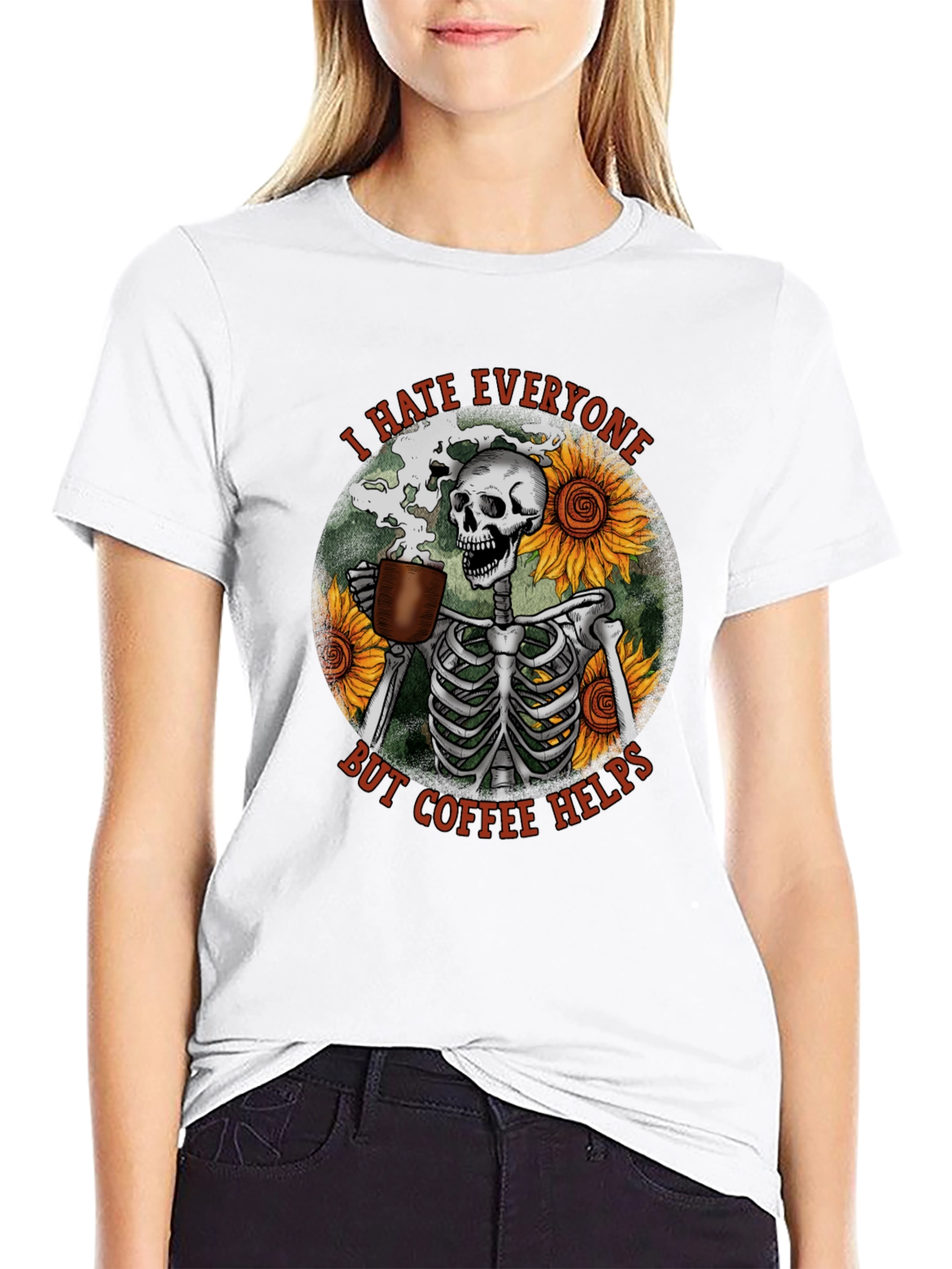 I Hate Everyone But Coffee Helps Skeleton T-Shirt