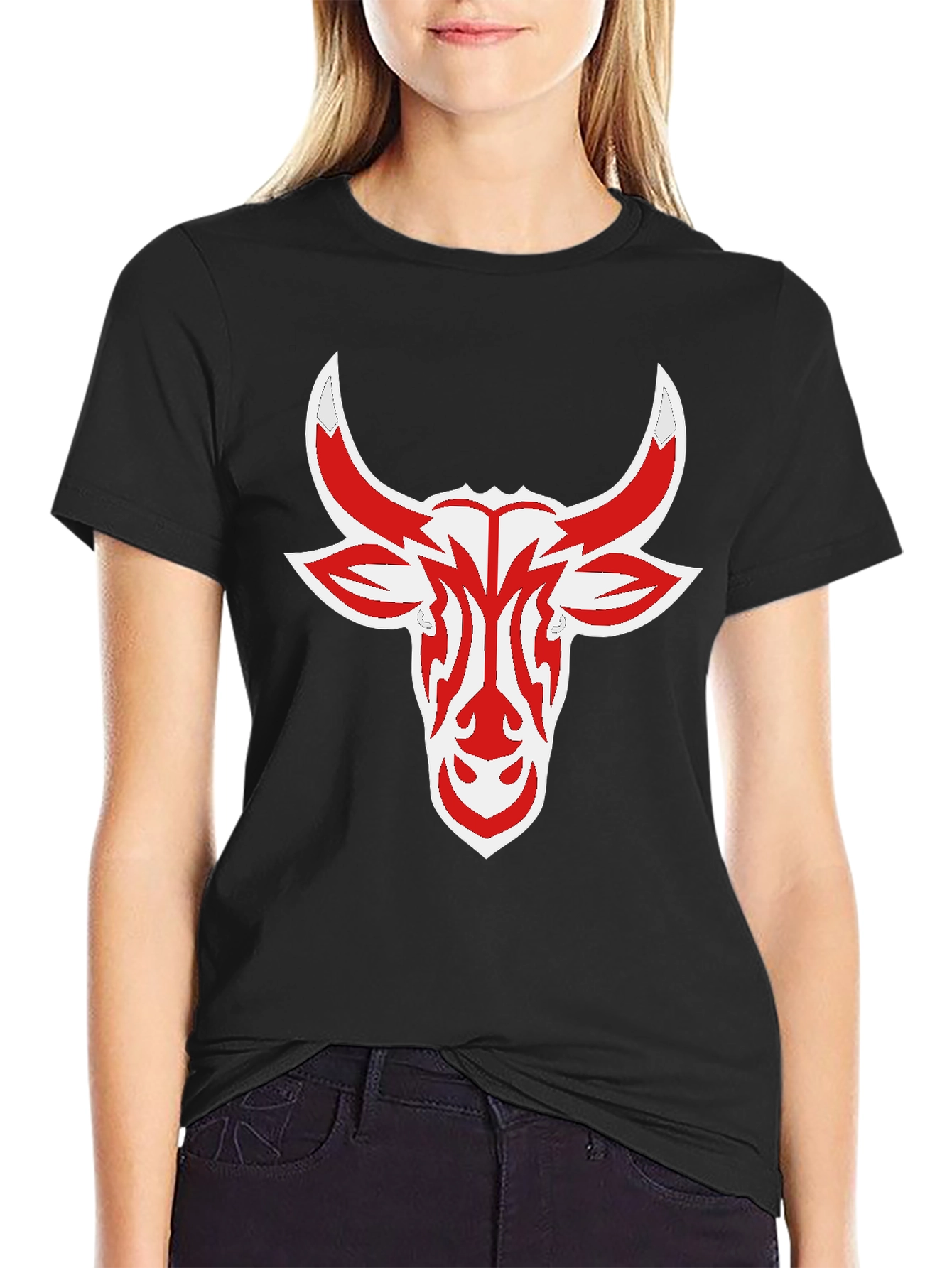 Black Tee with Red Bull Head Design