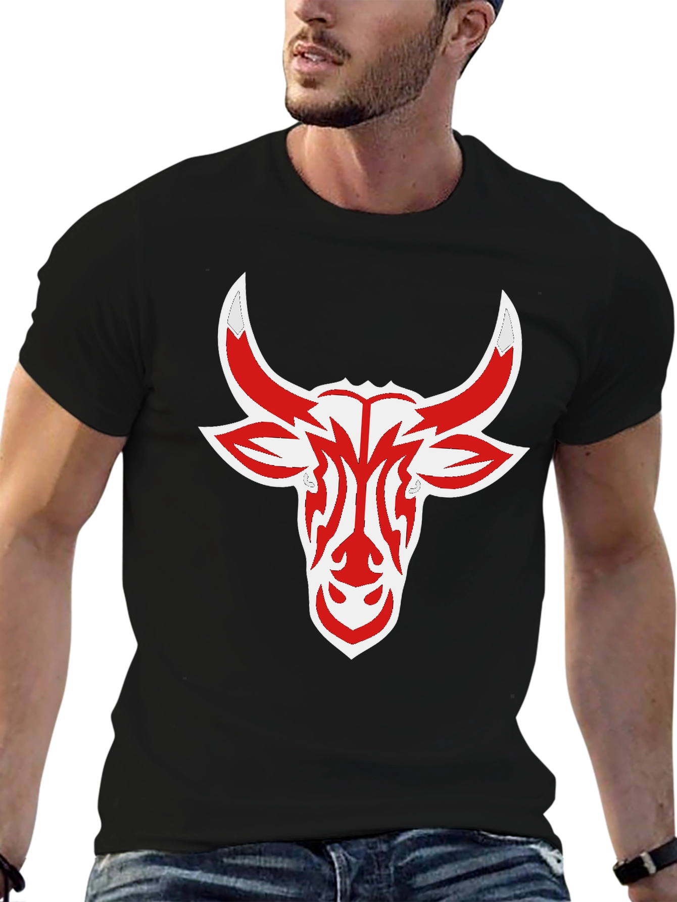 Black Tee with Red Bull Head Design