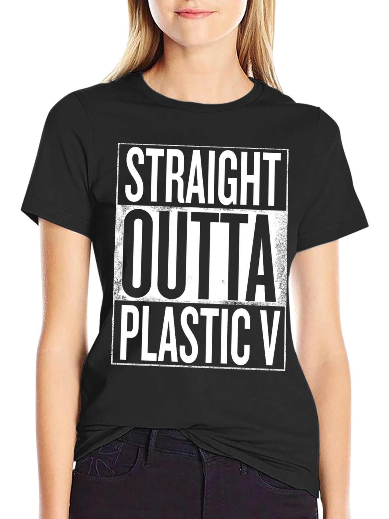 Straight Outta Plastic V Black Graphic Tee