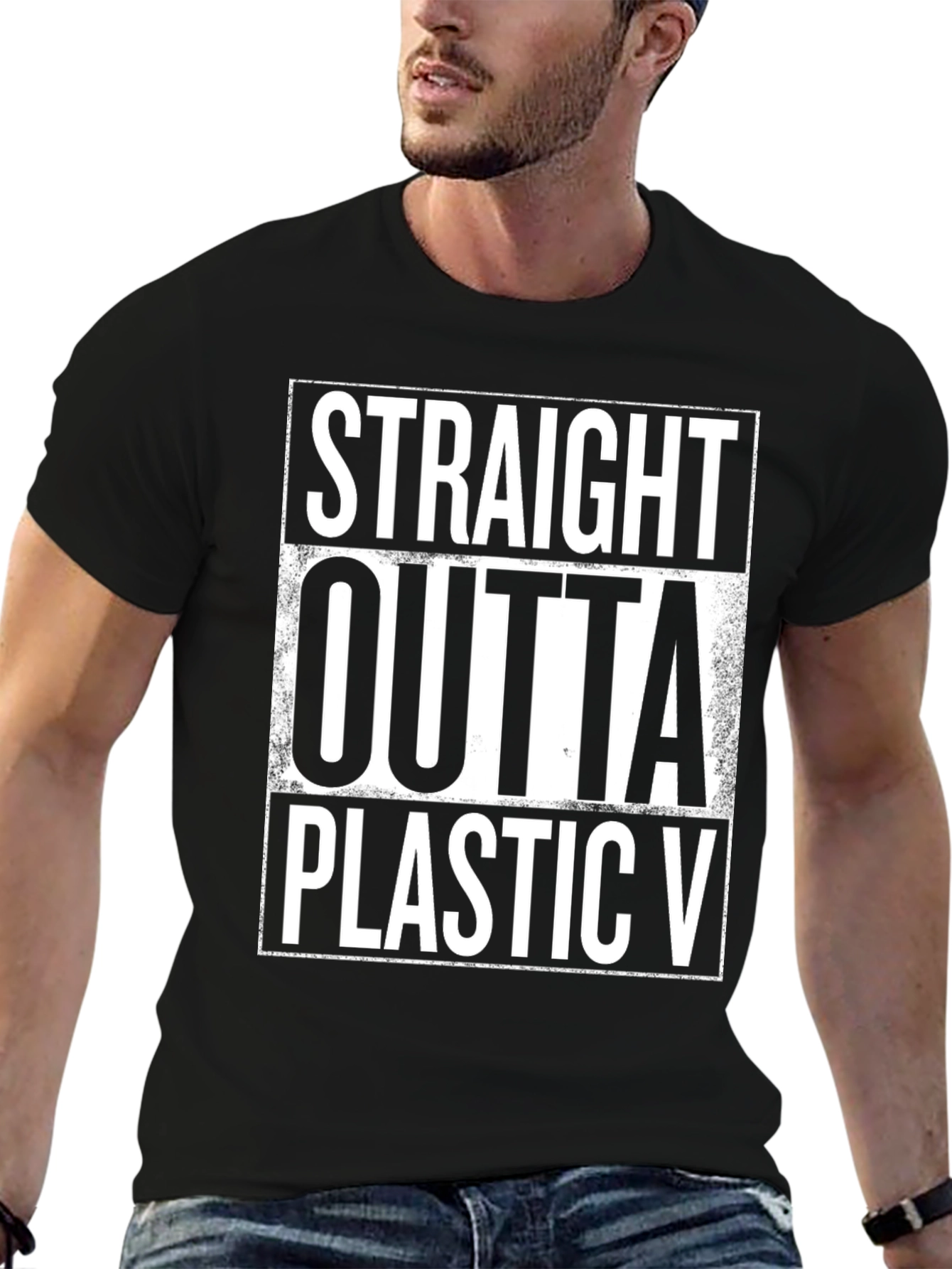 Straight Outta Plastic V Black Graphic Tee