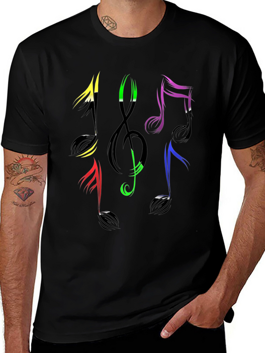 Colorful Music Note Graphic Print Black T-Shirt