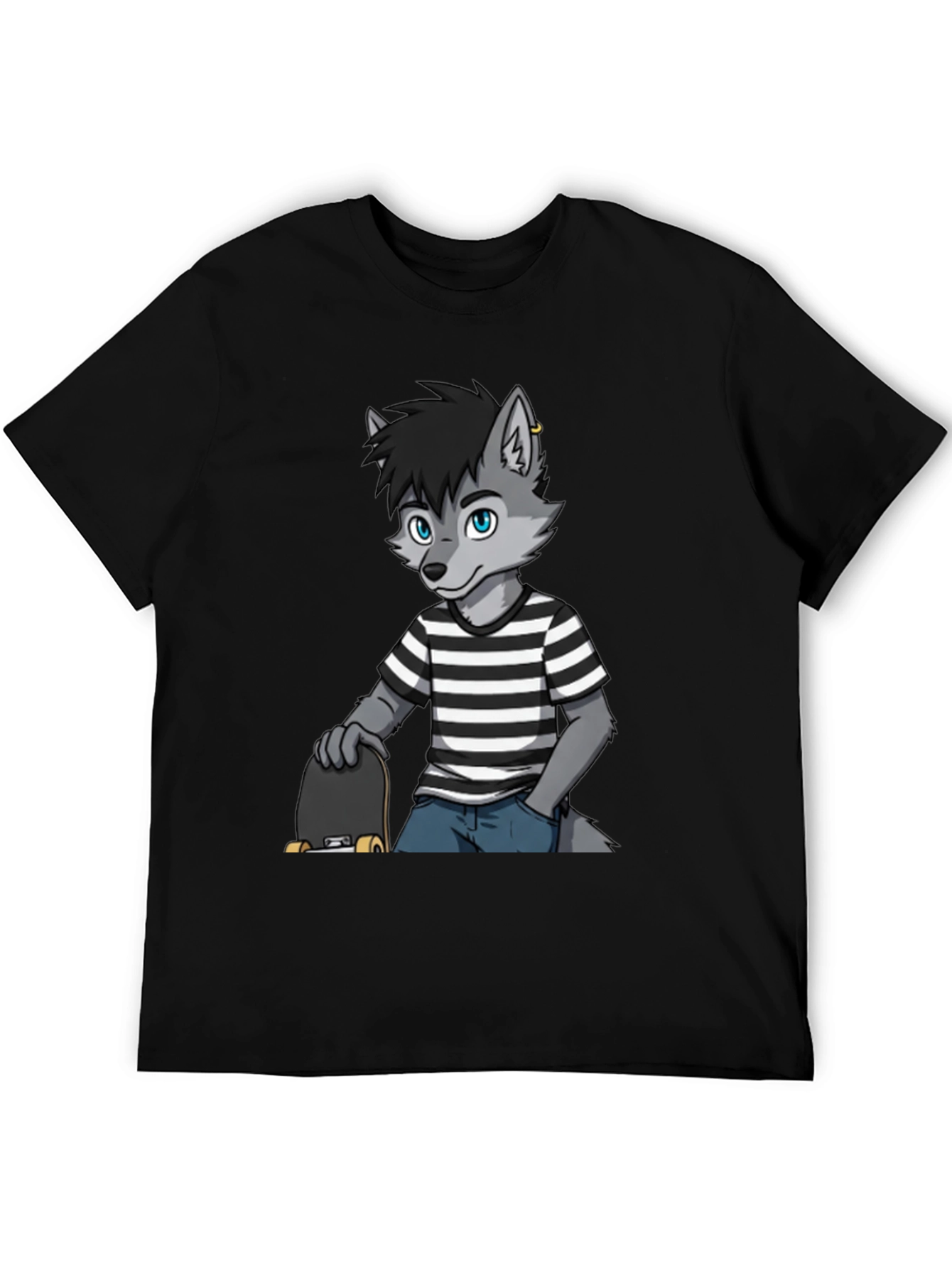 Cool Wolf Skater Graphic Tee - Black Cotton T-Shirt