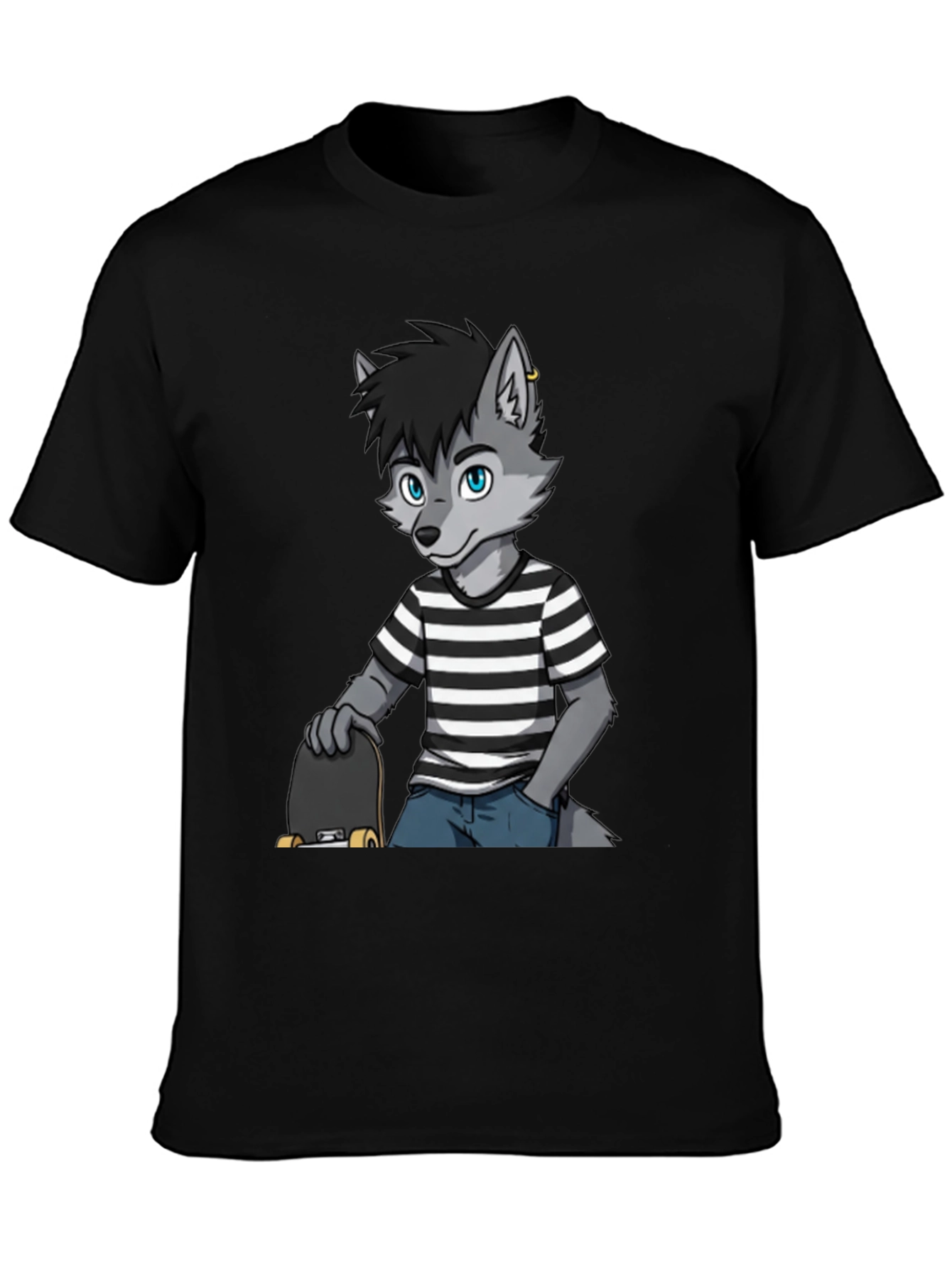Cool Wolf Skater Graphic Tee - Black Cotton T-Shirt