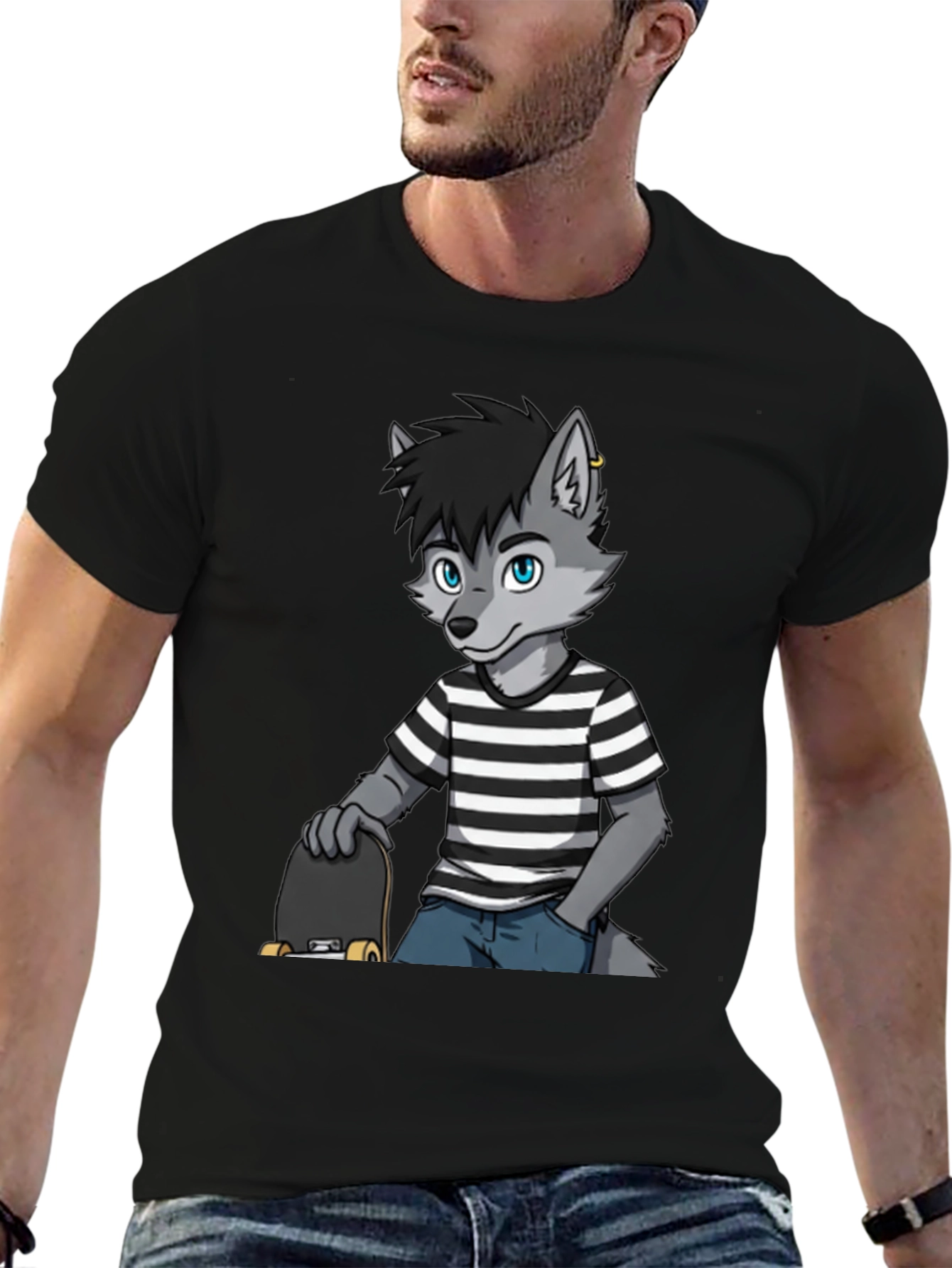 Cool Wolf Skater Graphic Tee - Black Cotton T-Shirt