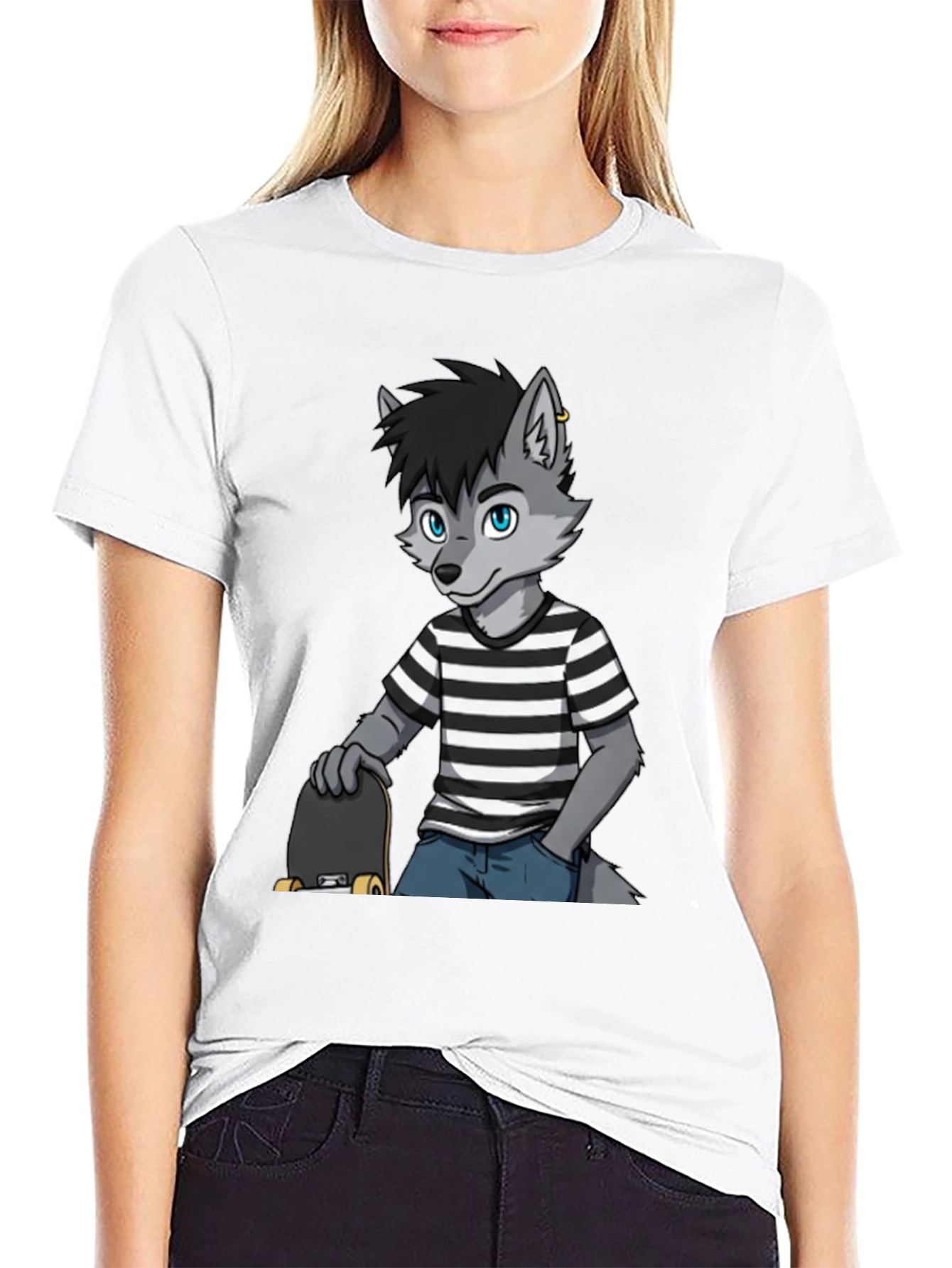 Cool Wolf Skater Graphic Tee - Black Cotton T-Shirt