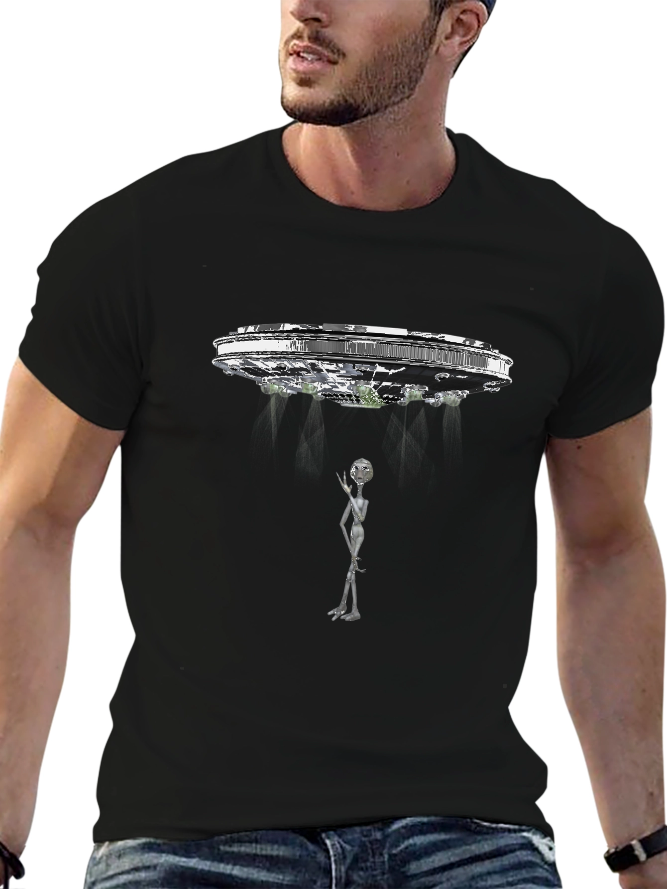 UFO Abduction Graphic Tee - Black Cotton T-Shirt