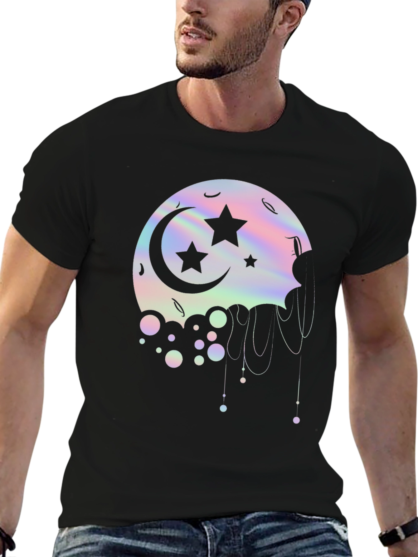 Dreamy Moon Stars Graphic Tee - Black Cotton T-Shirt