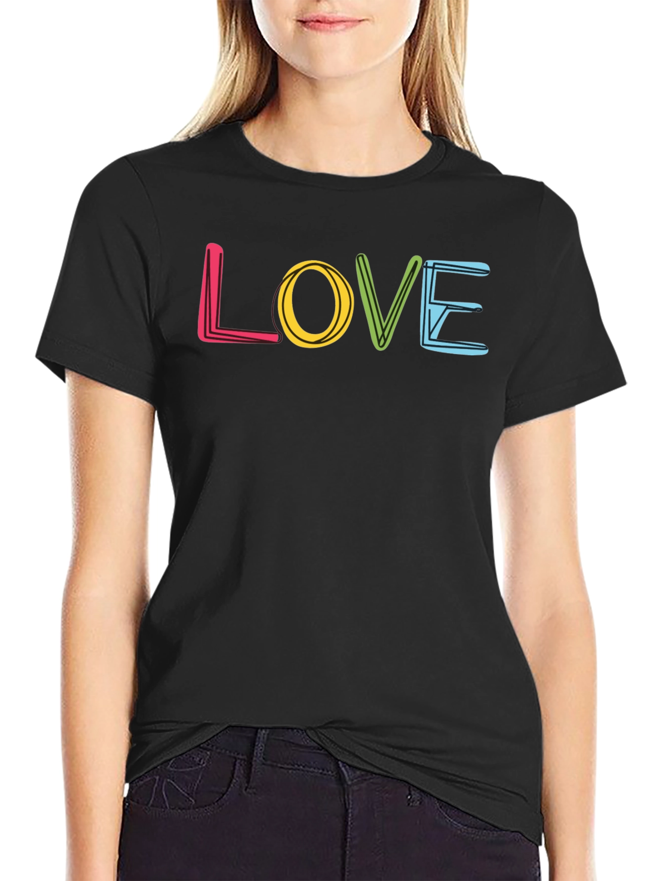 Love Graphic Print Crew Neck T-Shirt - Black