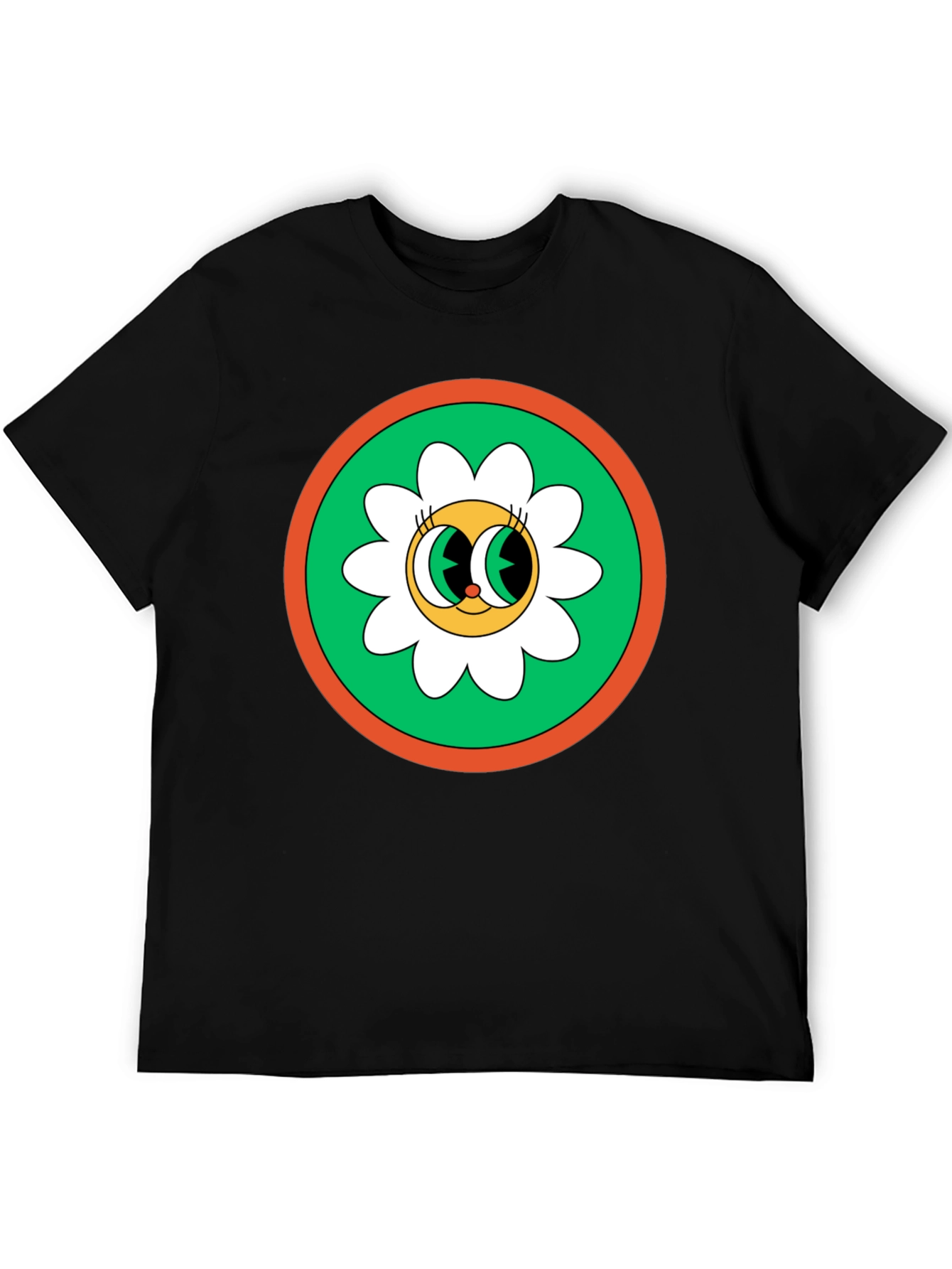 Retro Flower Power Graphic Tee - Black Cotton Blend