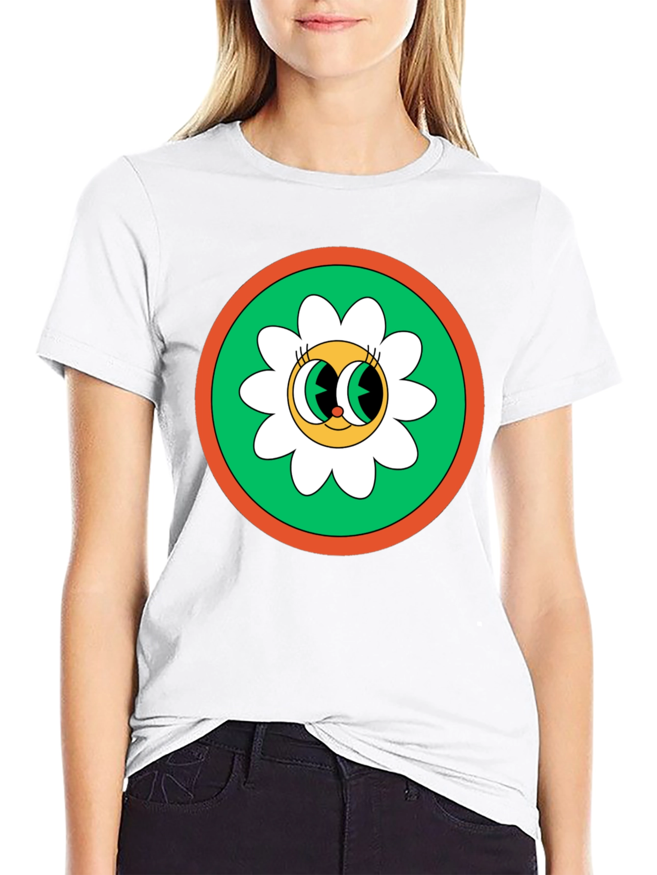 Retro Flower Power Graphic Tee - Black Cotton Blend