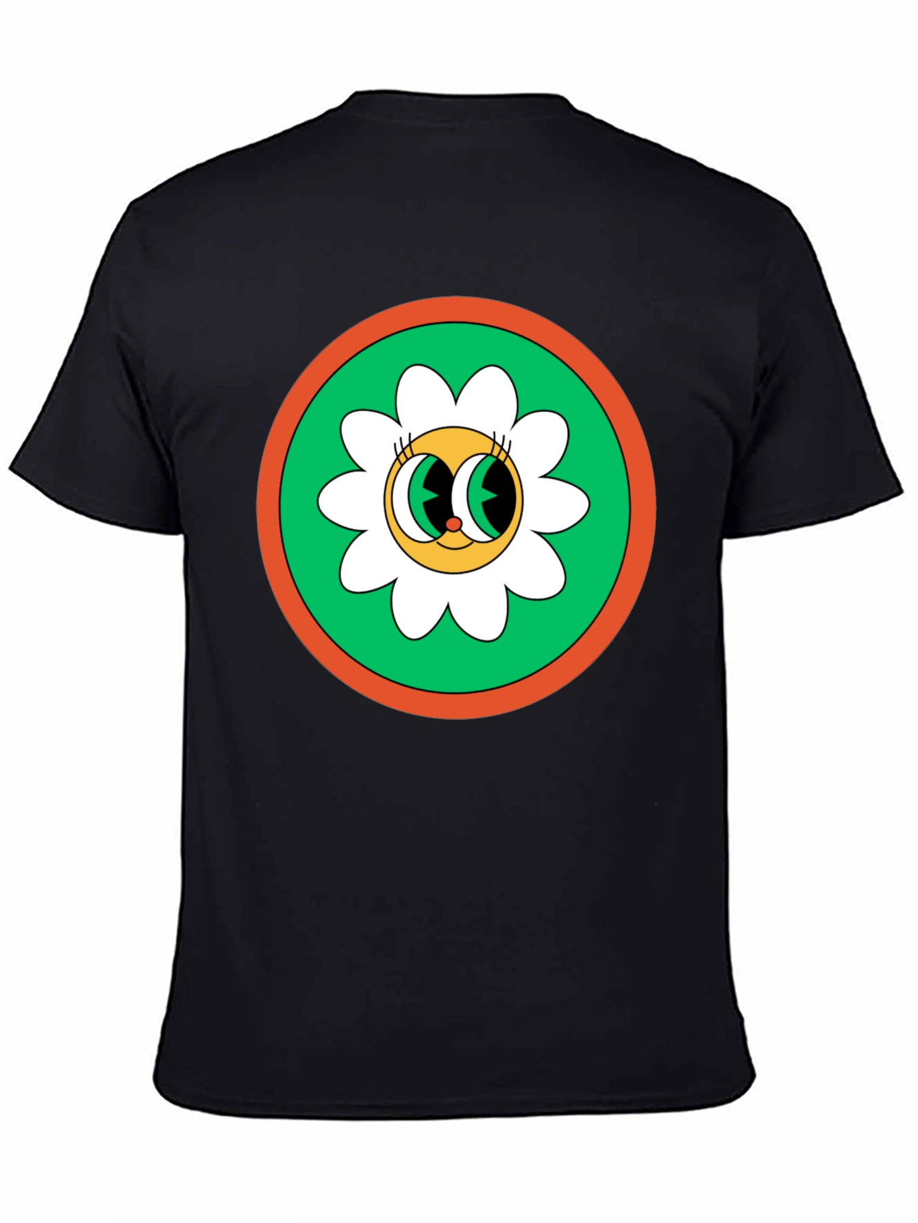 Retro Flower Power Graphic Tee - Black Cotton Blend