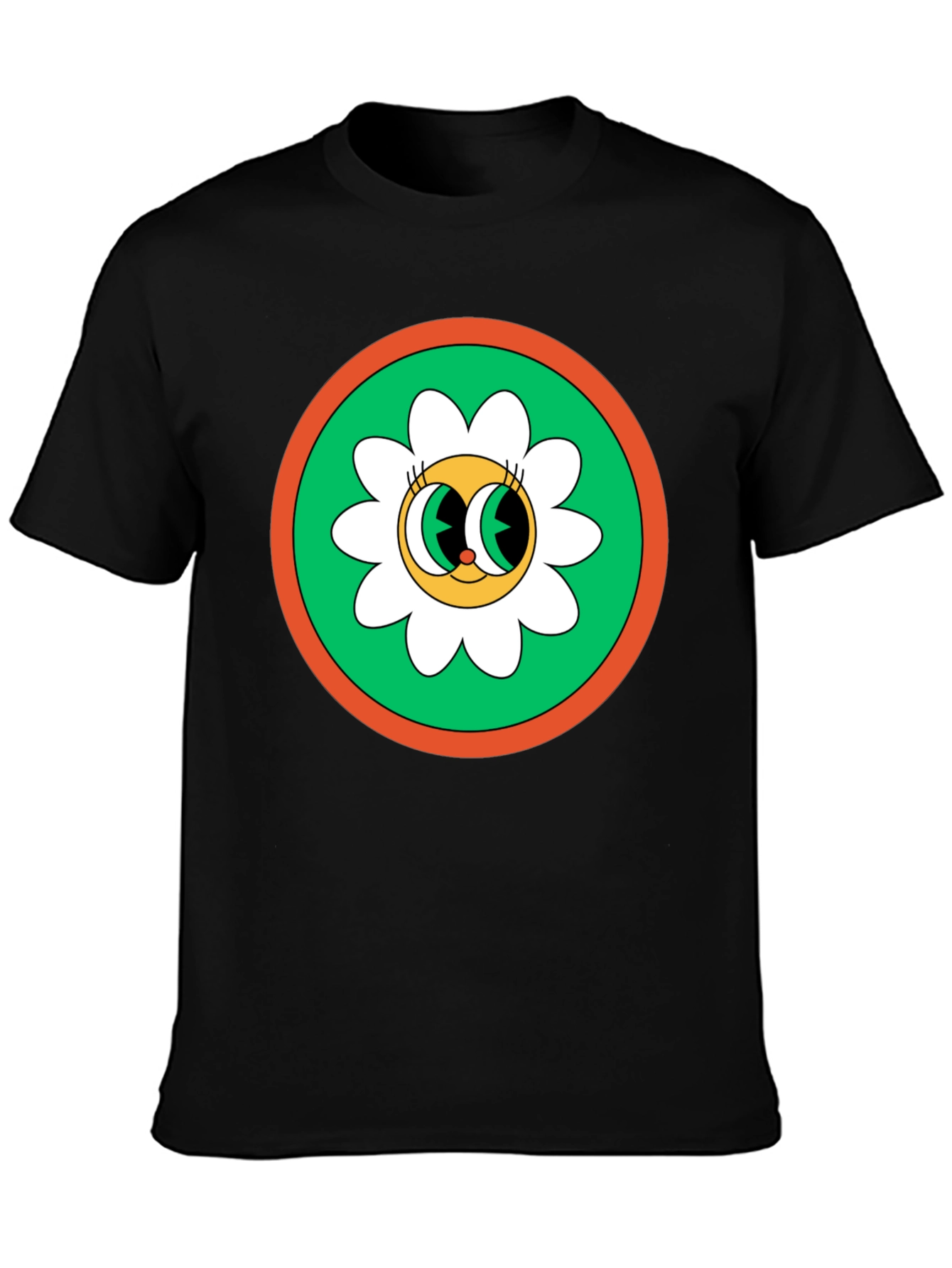 Retro Flower Power Graphic Tee - Black Cotton Blend