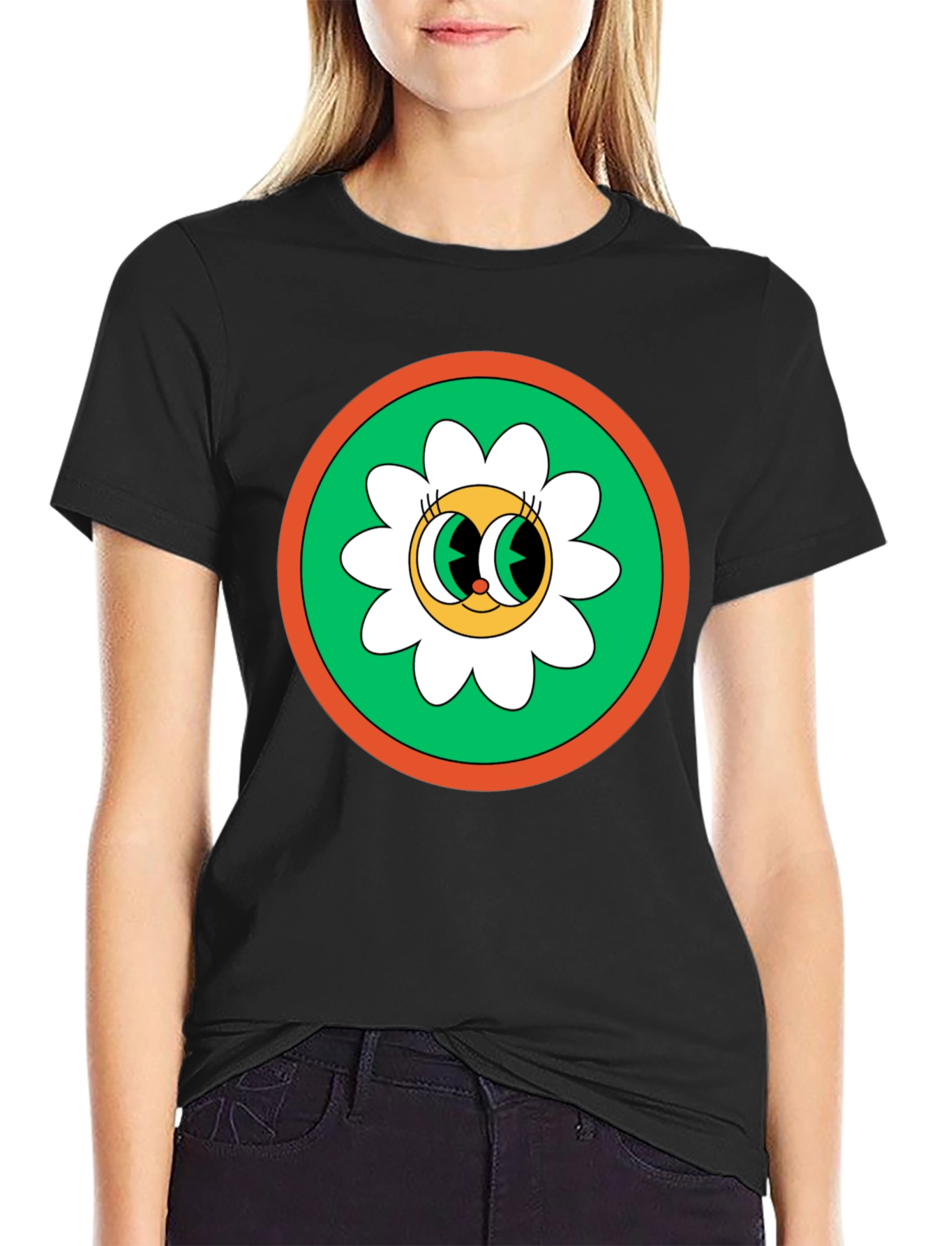Retro Flower Power Graphic Tee - Black Cotton Blend