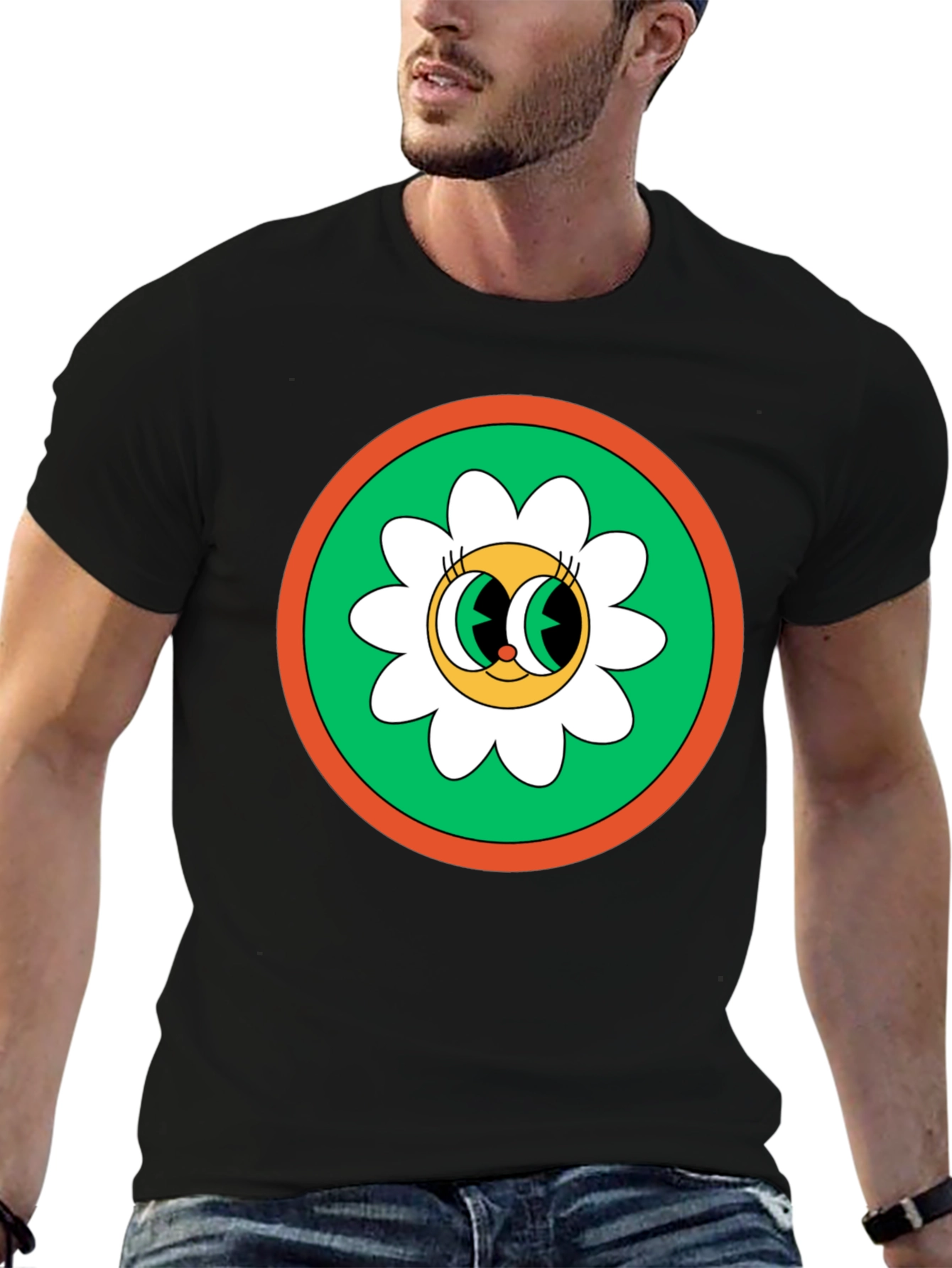 Retro Flower Power Graphic Tee - Black Cotton Blend