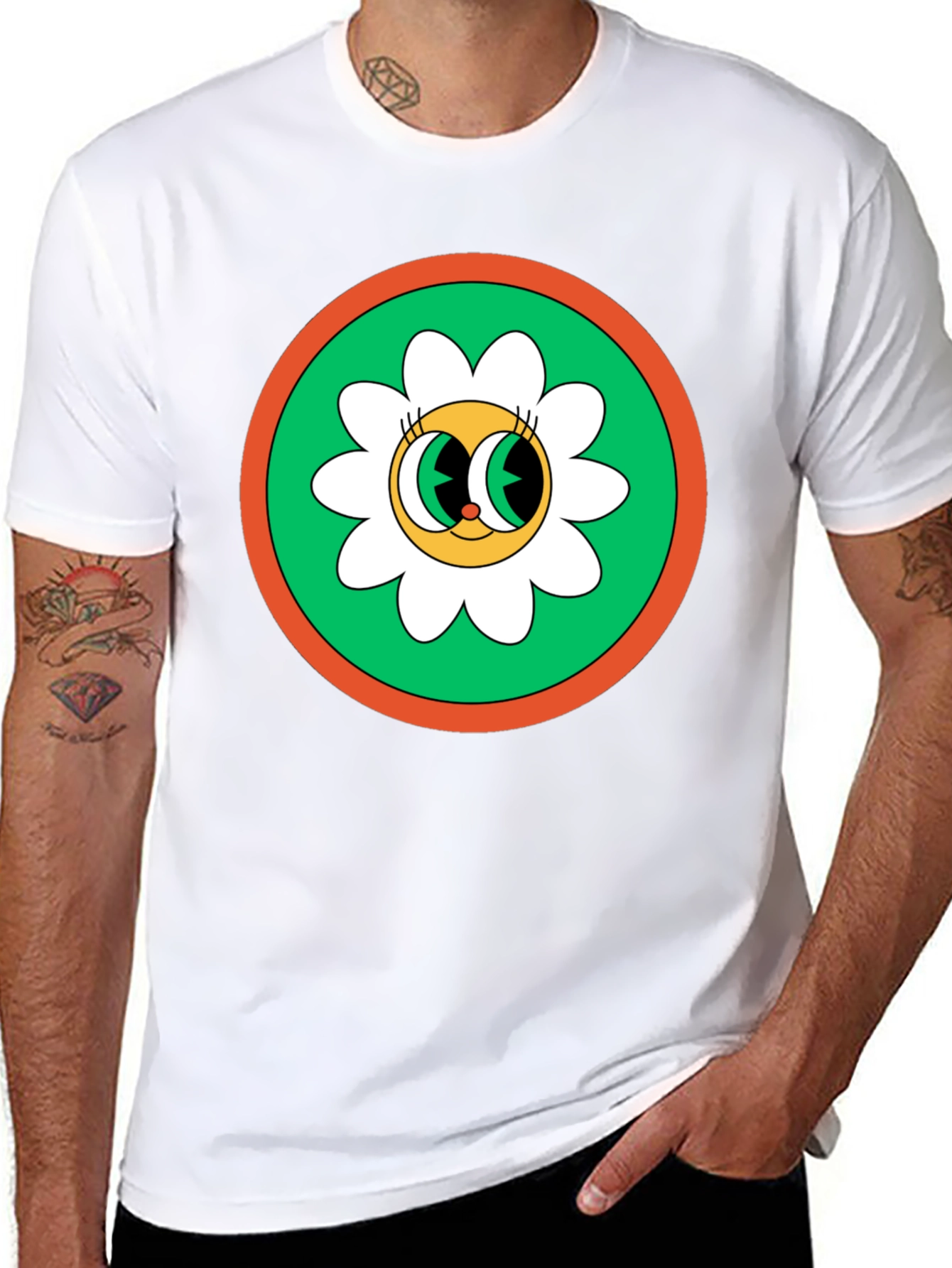 Retro Flower Power Graphic Tee - Black Cotton Blend