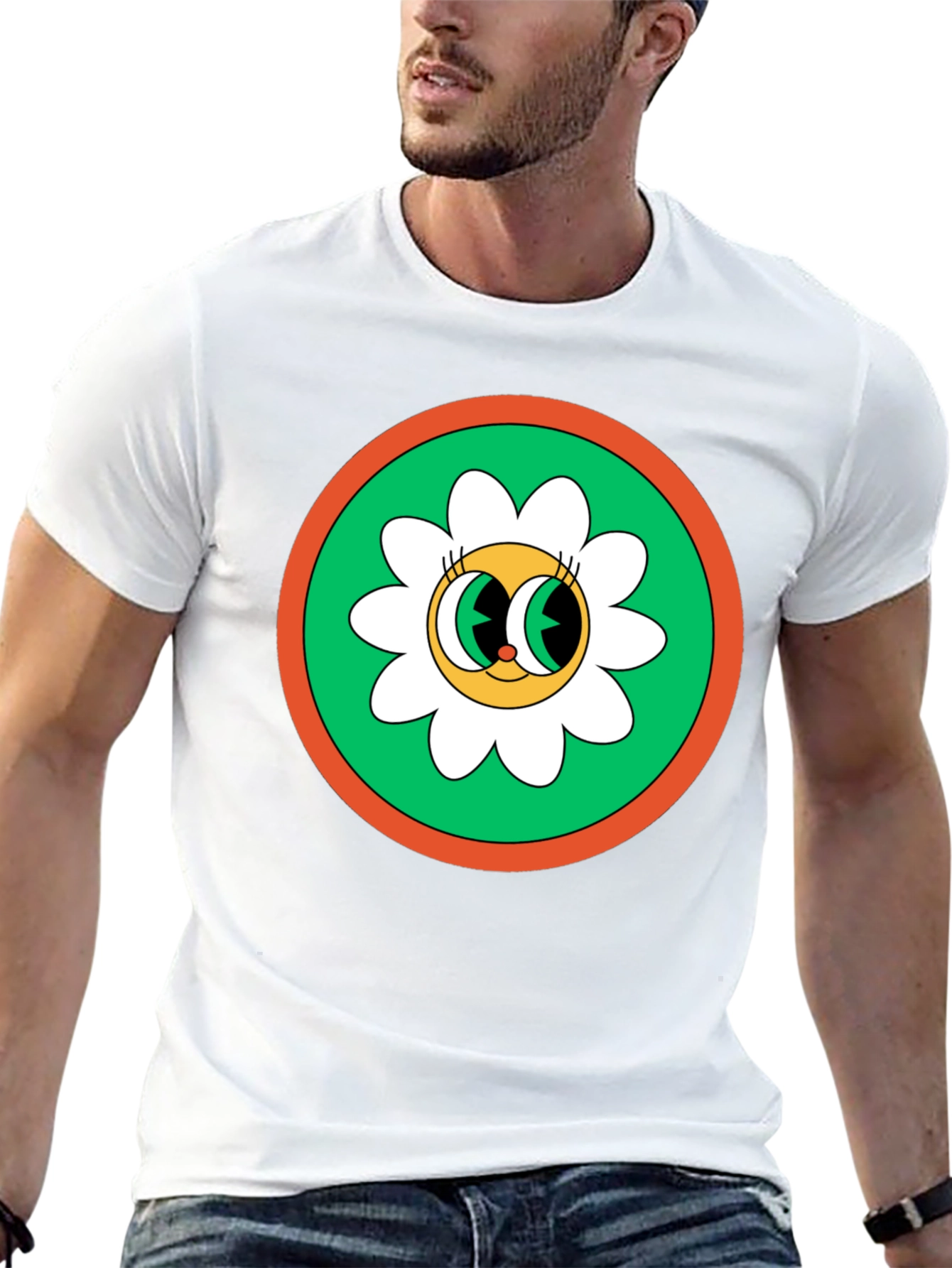 Retro Flower Power Graphic Tee - Black Cotton Blend