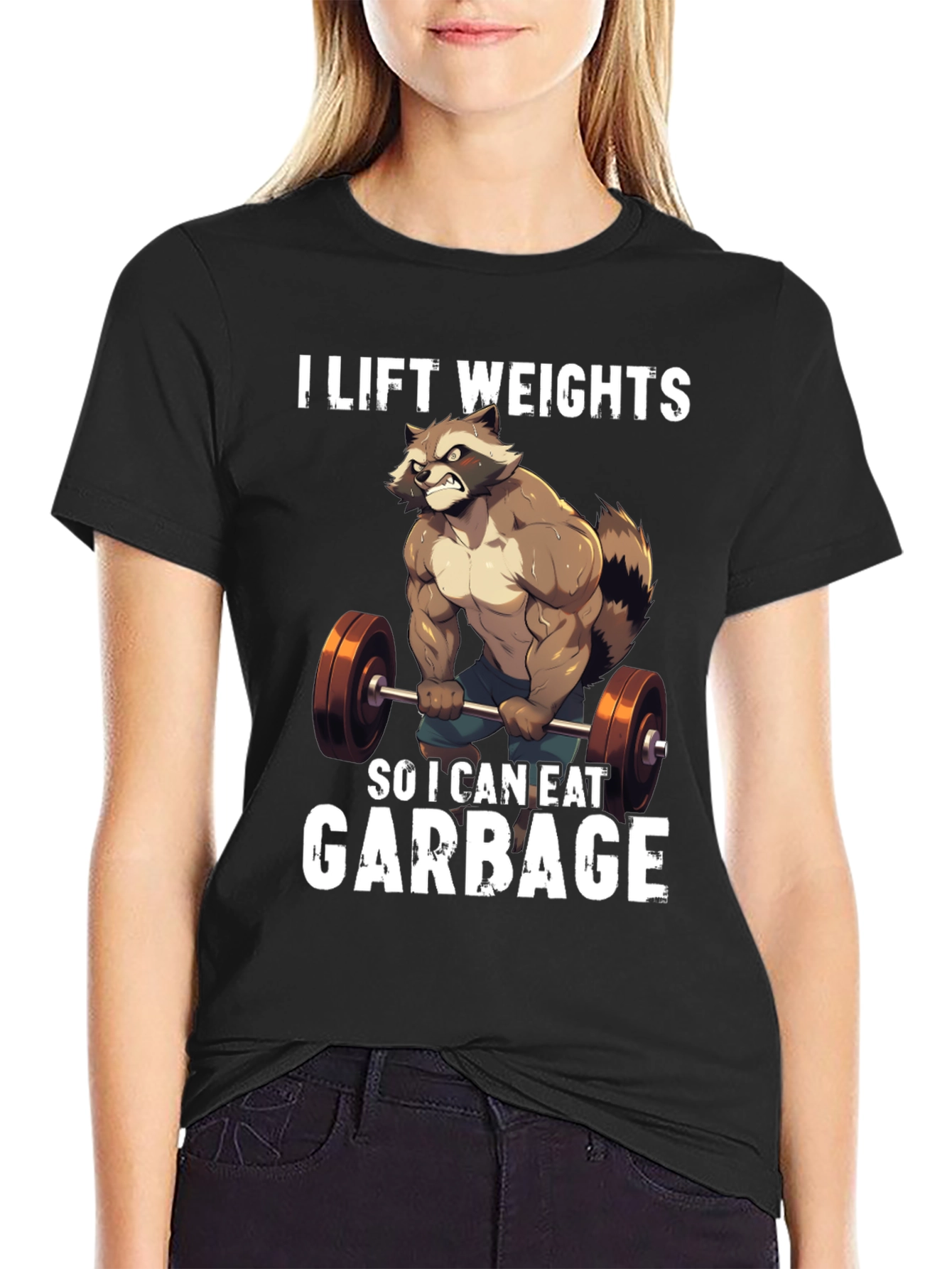 Funny Raccoon Lifting Weights Graphic T-Shirt