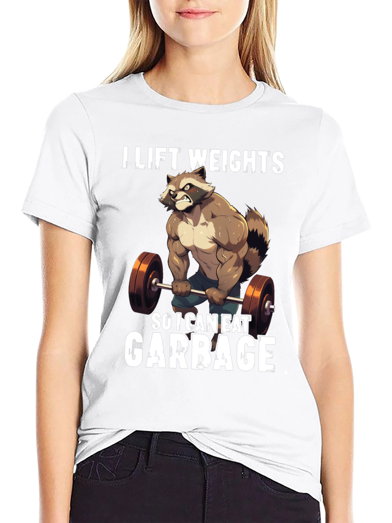 Funny Raccoon Lifting Weights Graphic T-Shirt