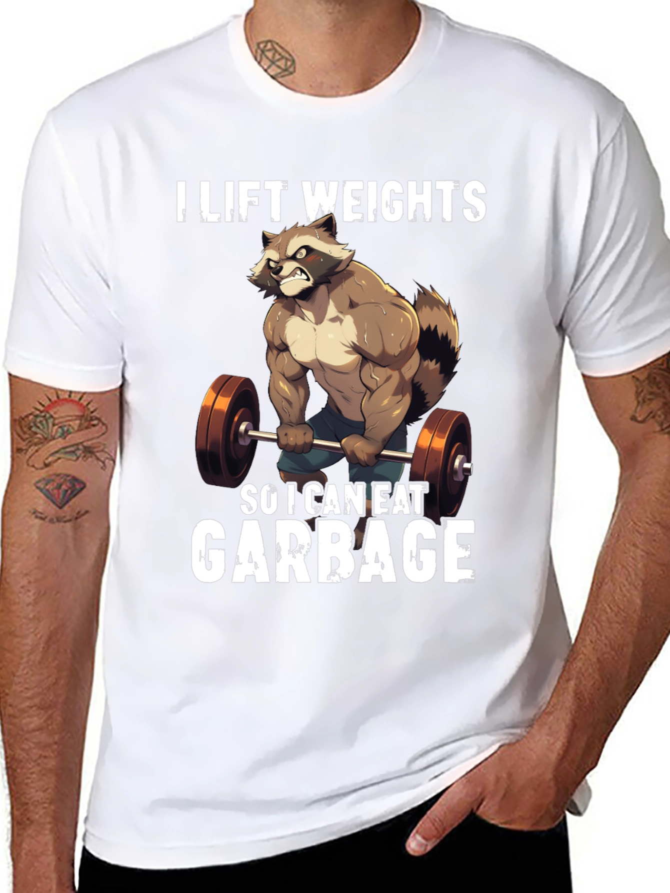Funny Raccoon Lifting Weights Graphic T-Shirt