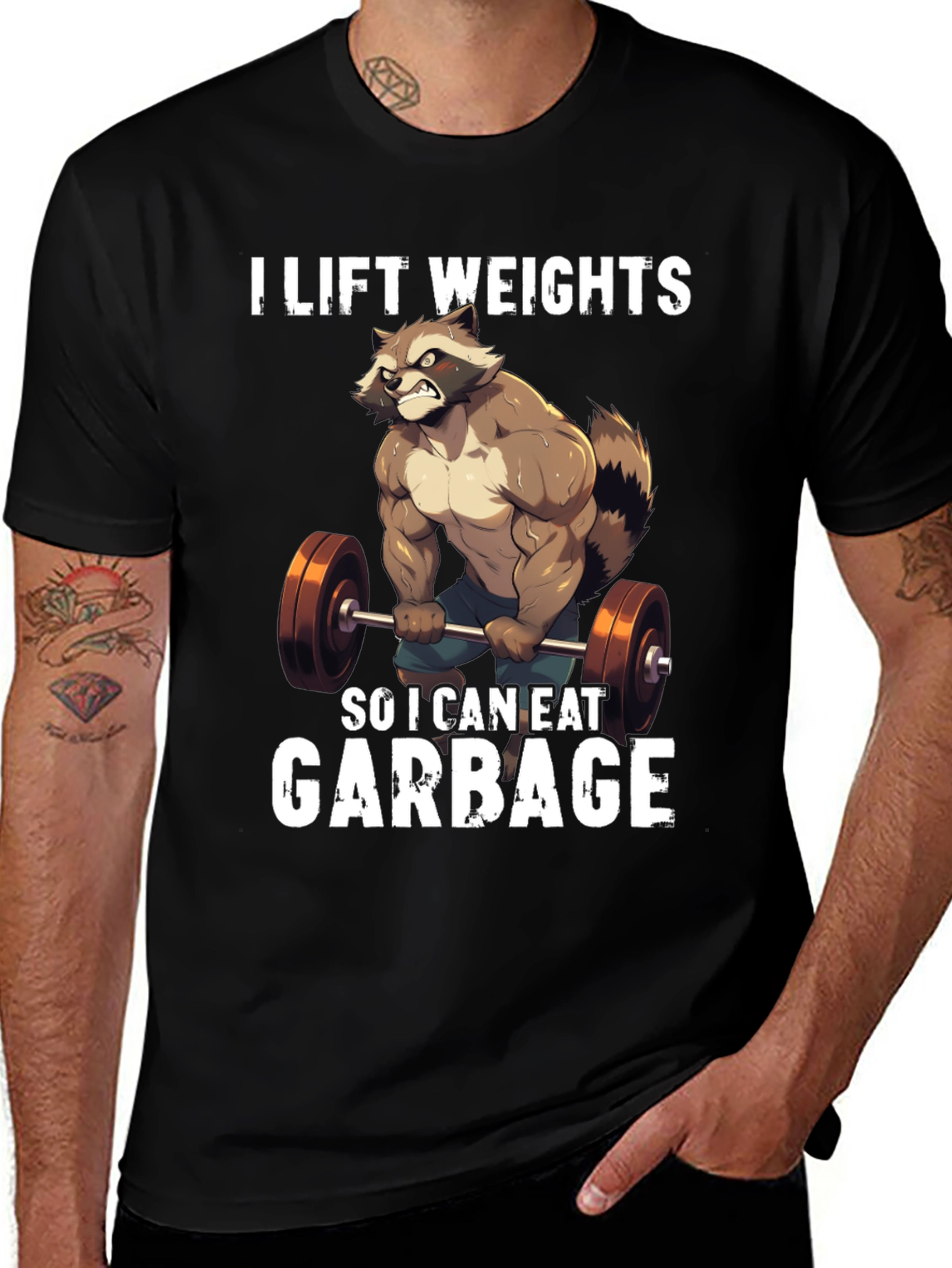 Funny Raccoon Lifting Weights Graphic T-Shirt