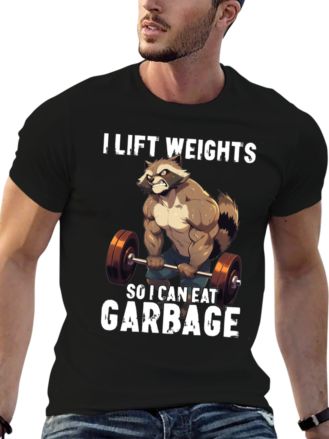 Funny Raccoon Lifting Weights Graphic T-Shirt