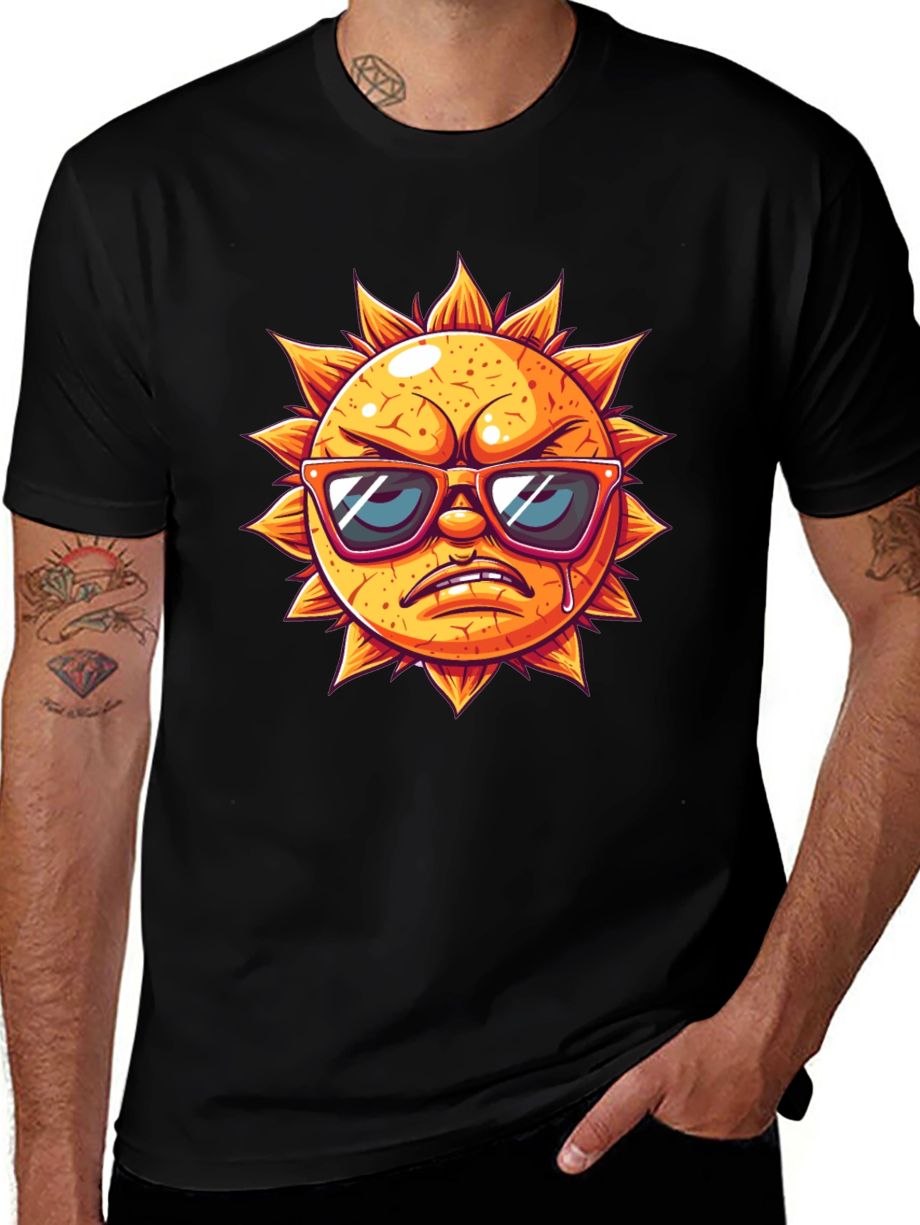 Angry Sun Graphic Tee - Black Cotton T-Shirt