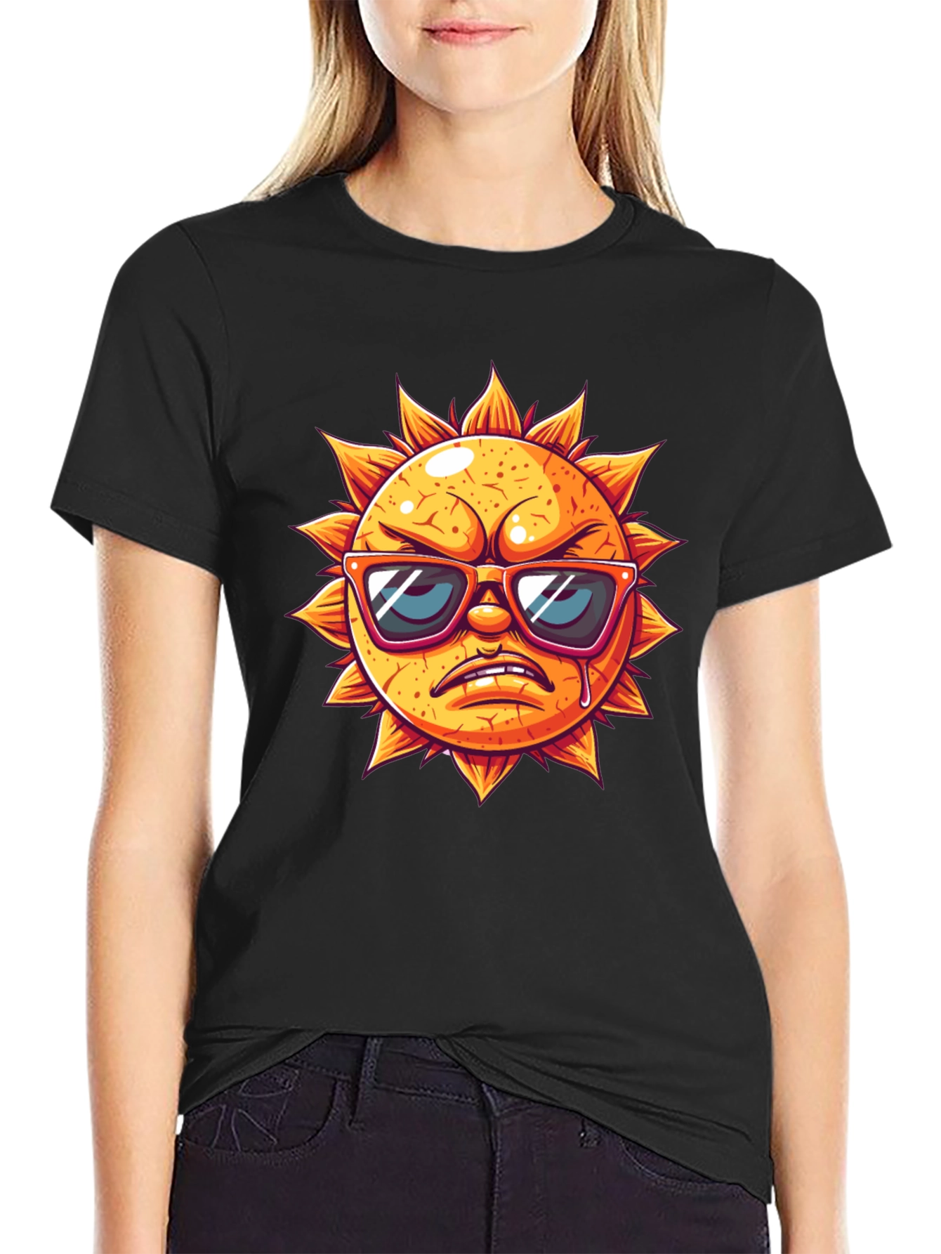 Angry Sun Graphic Tee - Black Cotton T-Shirt
