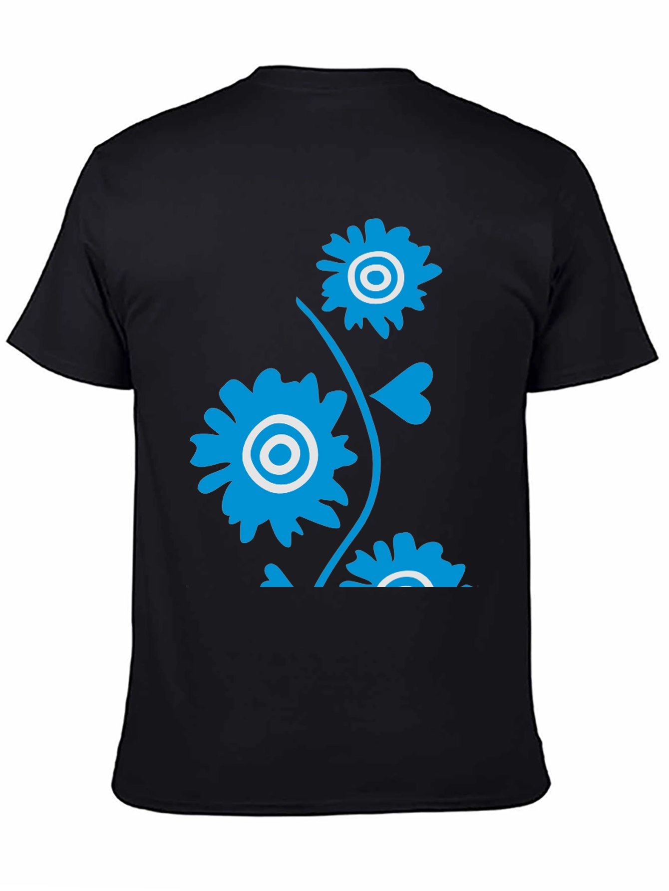 Mens Black T-Shirt with Blue Floral Design