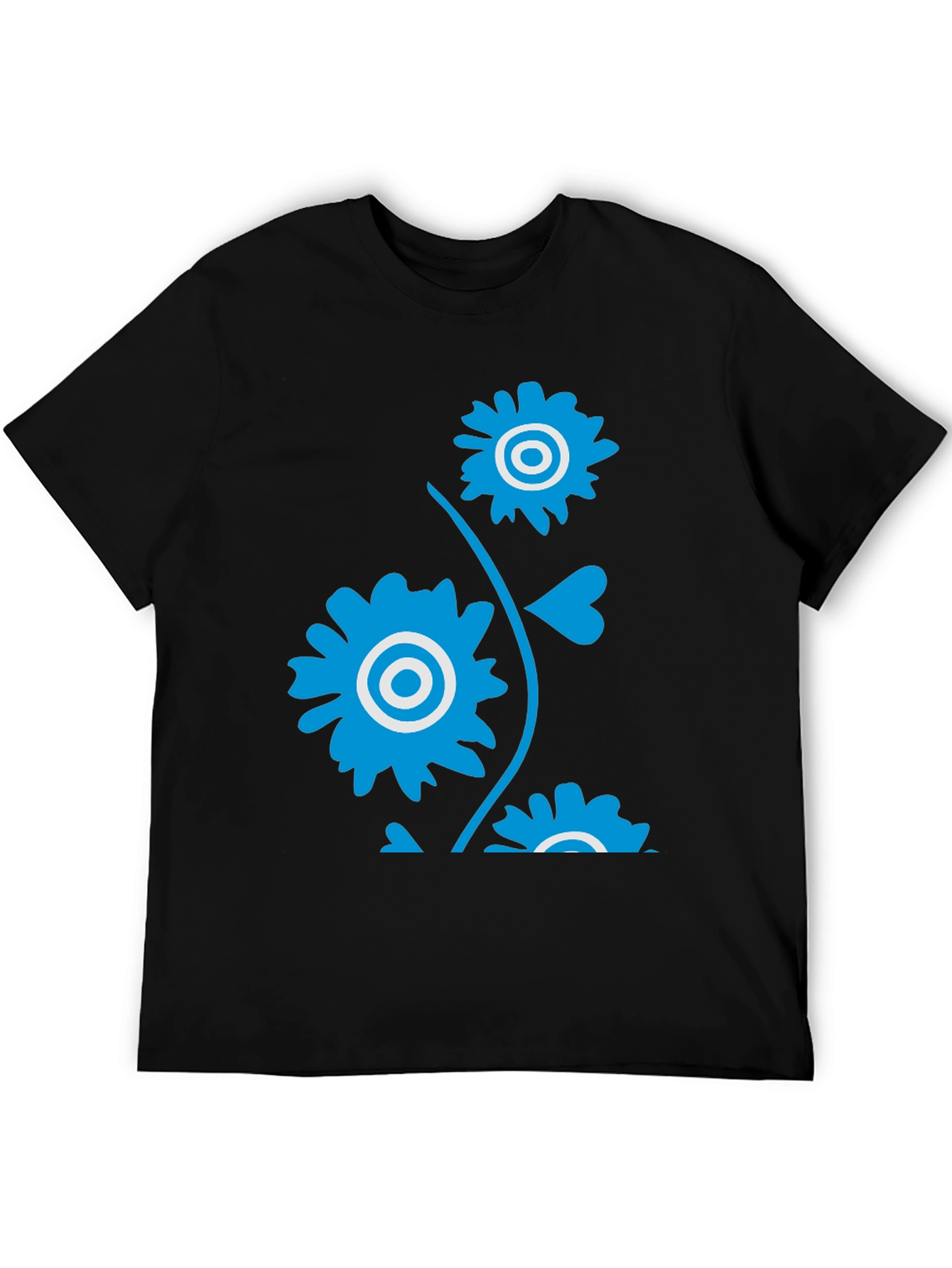 Mens Black T-Shirt with Blue Floral Design