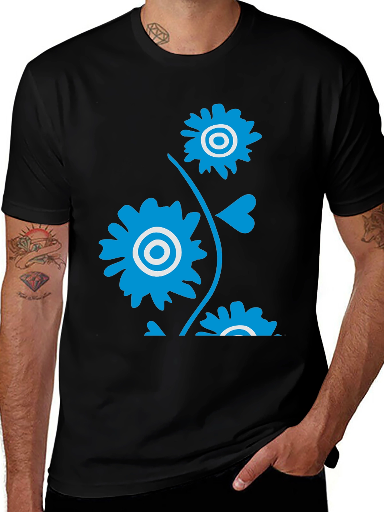 Mens Black T-Shirt with Blue Floral Design